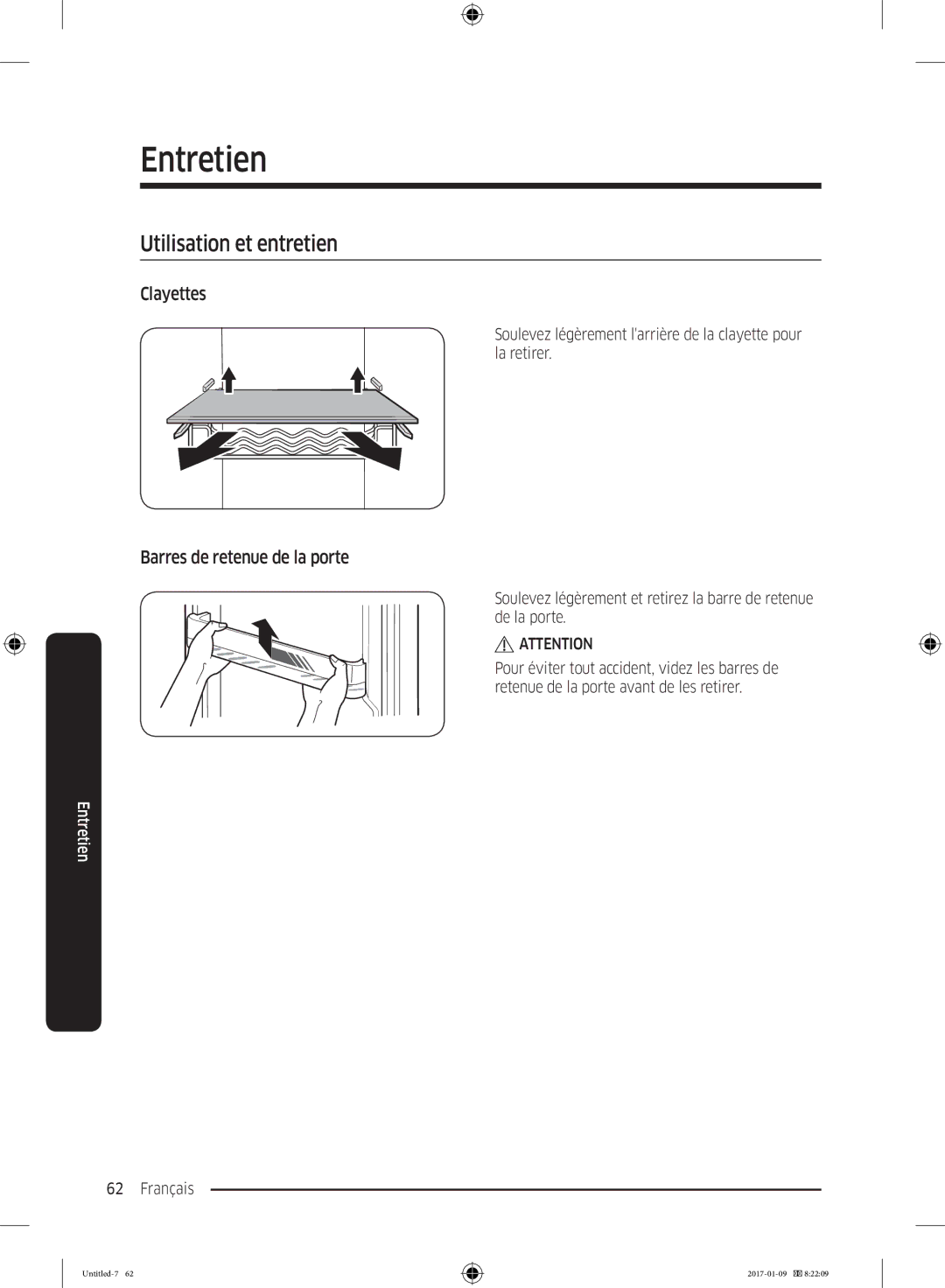 Samsung RZ32M7000SA/EF manual Utilisation et entretien, Clayettes, Barres de retenue de la porte 