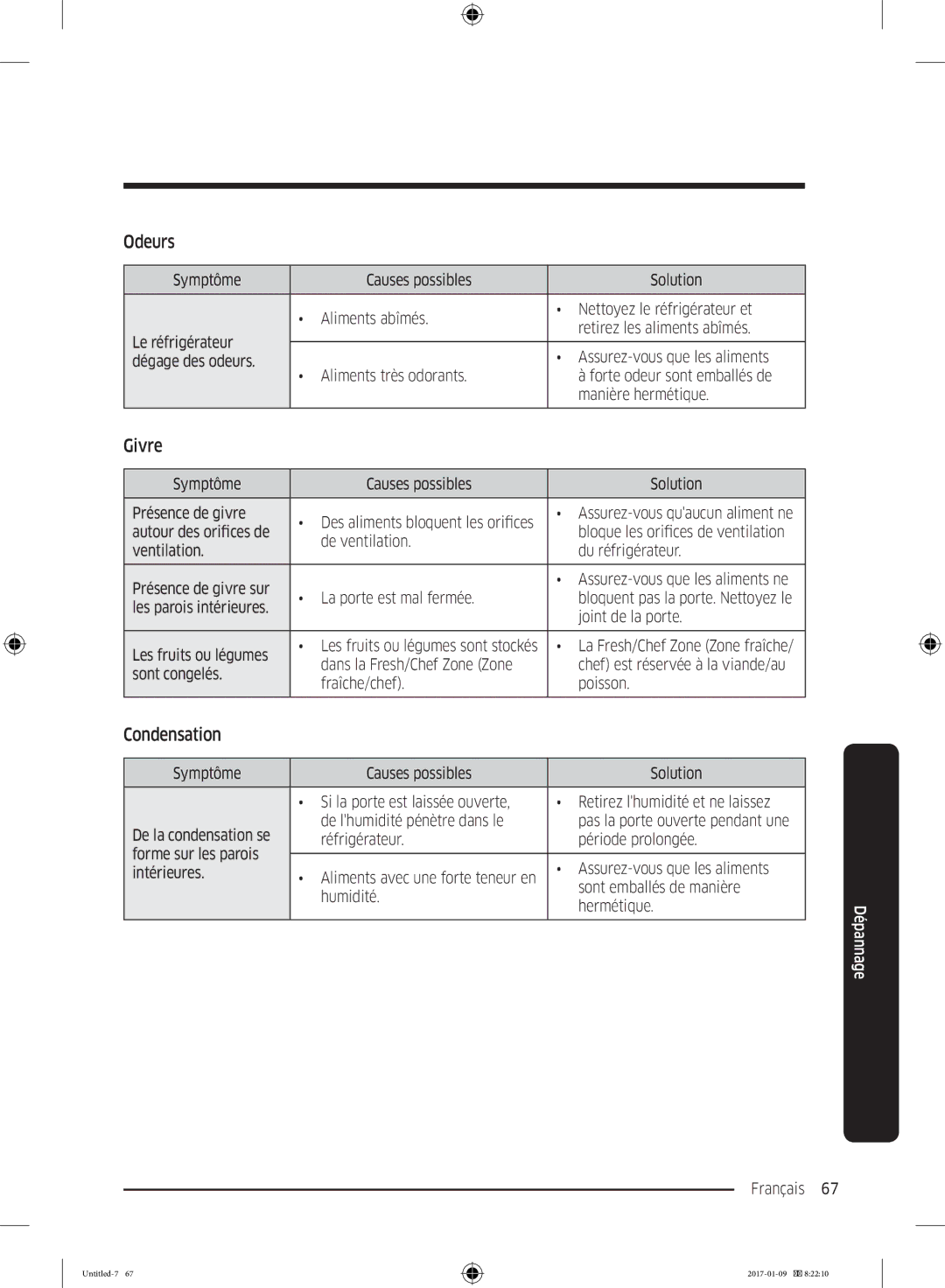 Samsung RZ32M7000SA/EF manual Odeurs, Givre, Condensation 