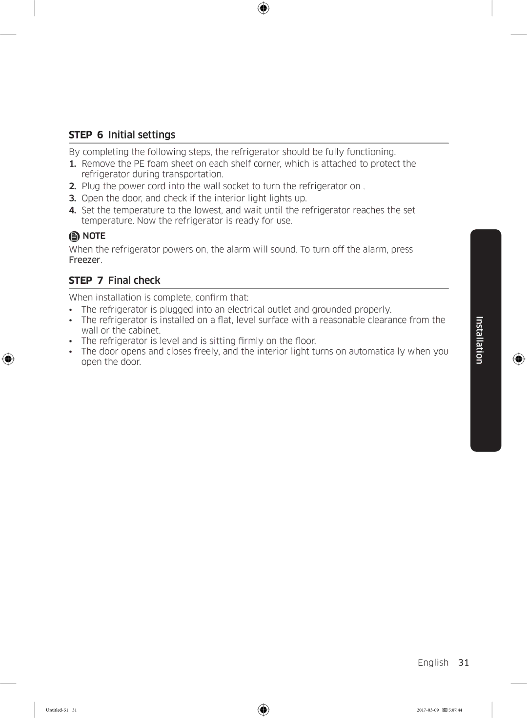 Samsung RZ32M7000WW/ES, RZ32M7005WW/EG, RZ32M71257F/EG, RZ32M7000WW/EF, RZ32M7105WW/EF manual Initial settings, Final check 