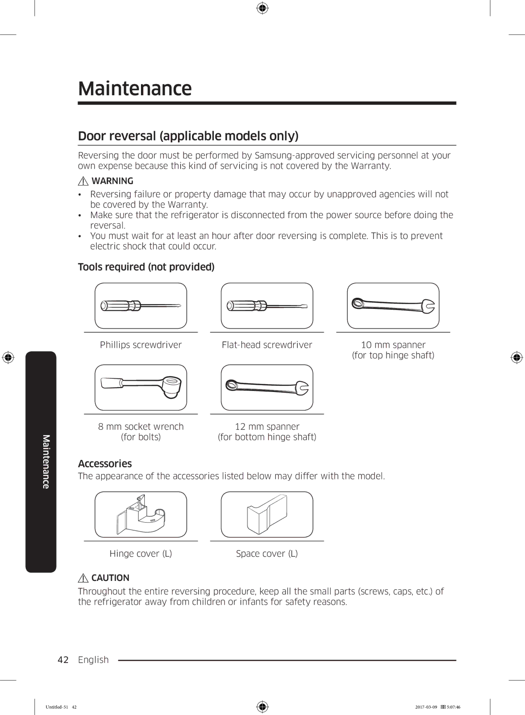 Samsung RZ32M70007F/EE, RZ32M7005WW/EG manual Door reversal applicable models only, Tools required not provided, Accessories 