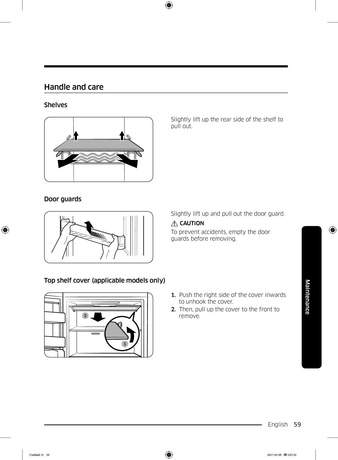 Samsung RZ32M7535WW/EE, RZ32M7005WW/EG manual Handle and care, Shelves, Door guards, Top shelf cover applicable models only 