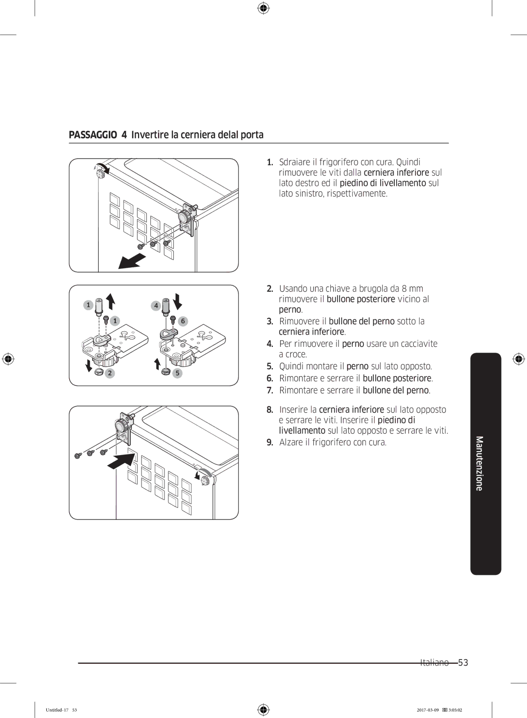 Samsung RZ32M71207F/ML, RZ32M7135S9/ES manual Passaggio 4 Invertire la cerniera delal porta 