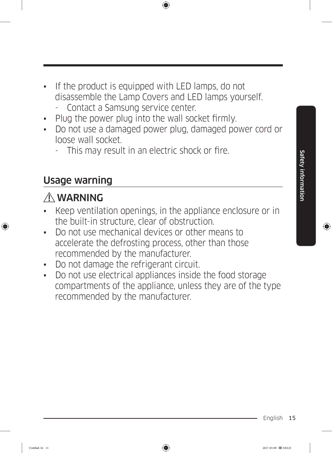 Samsung RZ32M71207F/ML, RZ32M7135S9/ES manual Usage warning 