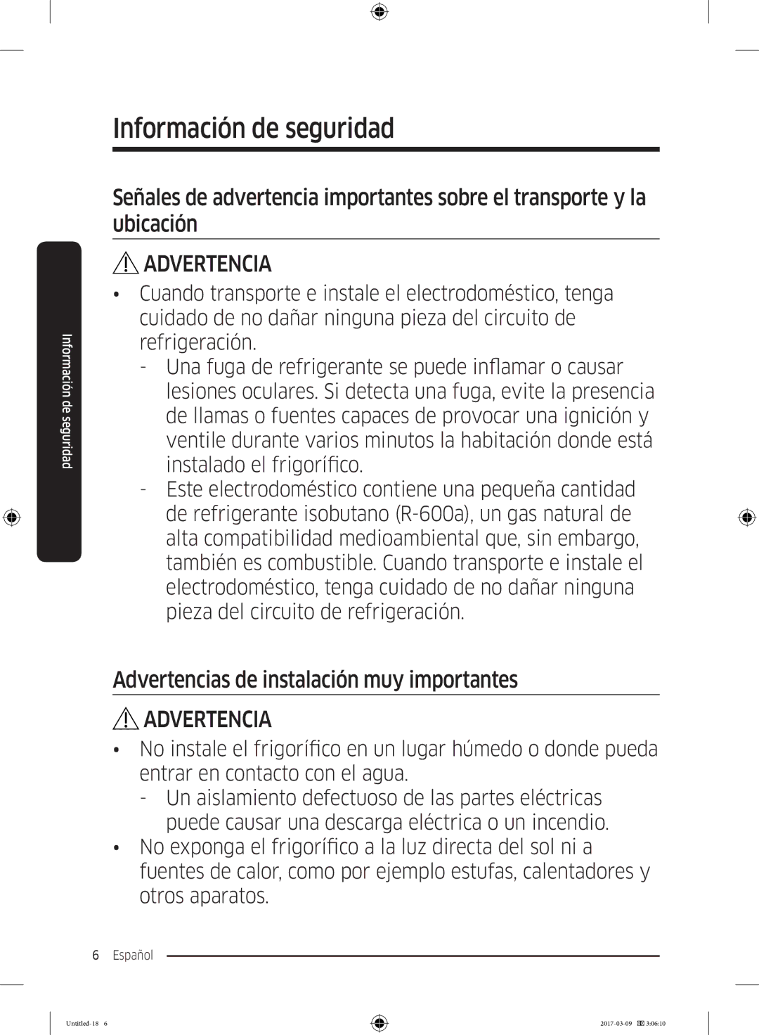 Samsung RZ32M7135S9/ES, RZ32M71207F/ML manual Advertencias de instalación muy importantes 