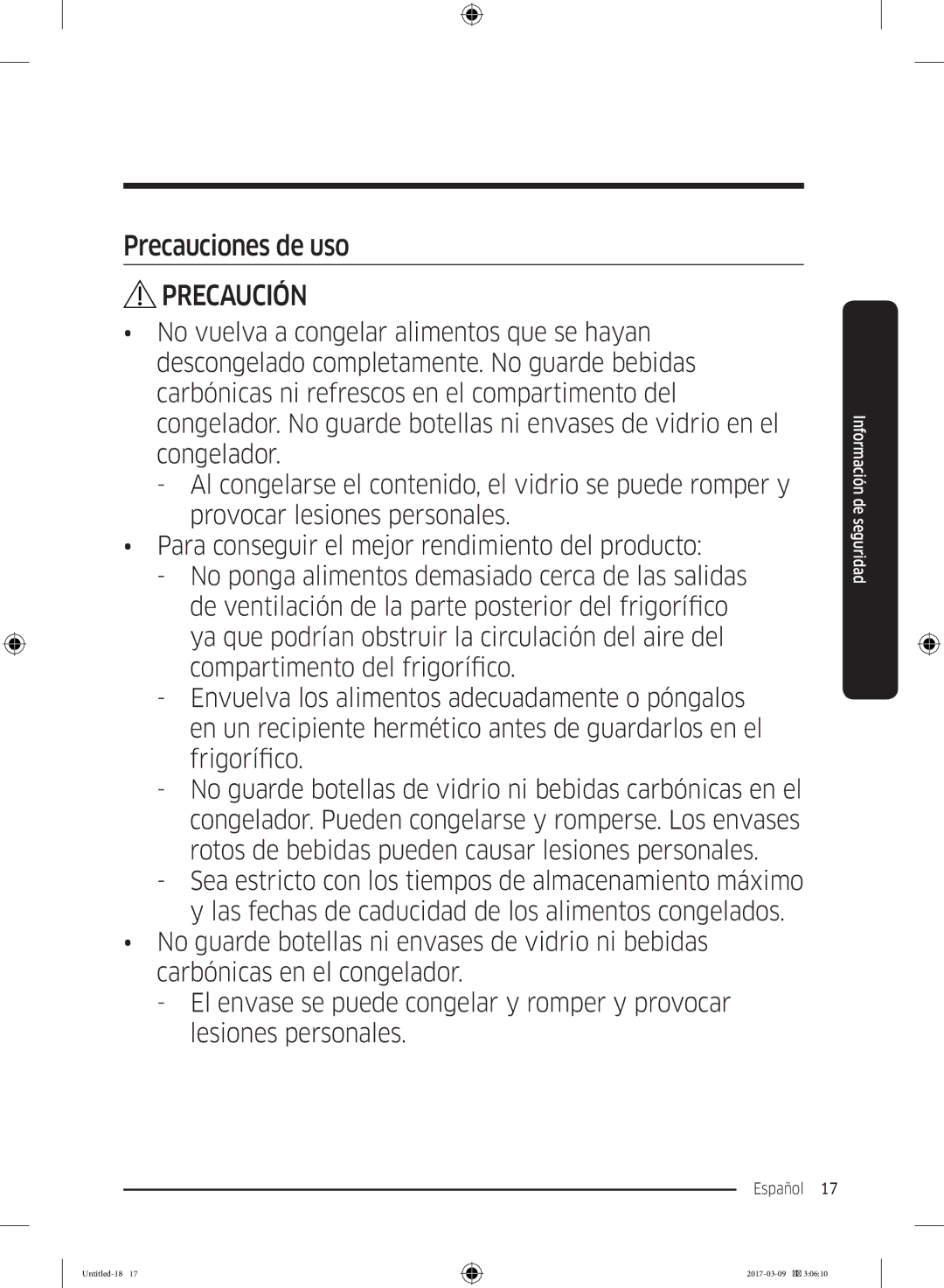 Samsung RZ32M71207F/ML, RZ32M7135S9/ES manual Precauciones de uso 