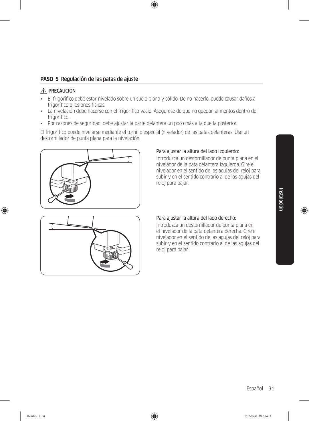 Samsung RZ32M71207F/ML, RZ32M7135S9/ES manual Paso 5 Regulación de las patas de ajuste 