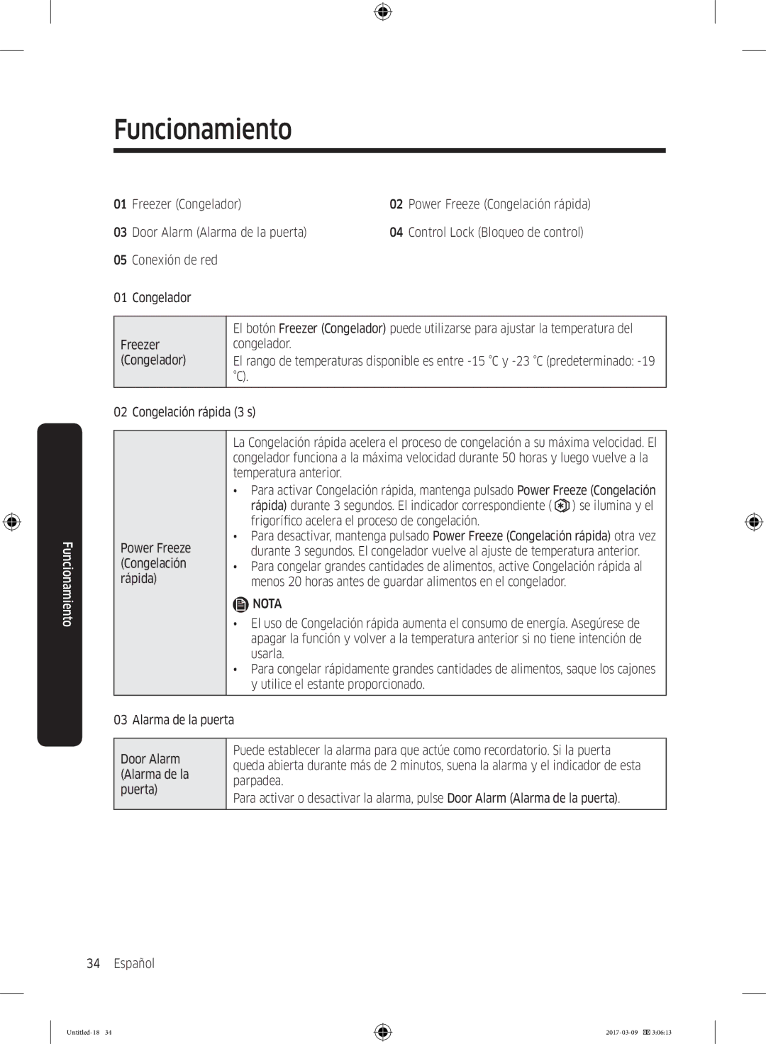 Samsung RZ32M7135S9/ES, RZ32M71207F/ML manual Freezer Congelador, Door Alarm Alarma de la puerta, Conexión de red Congelador 