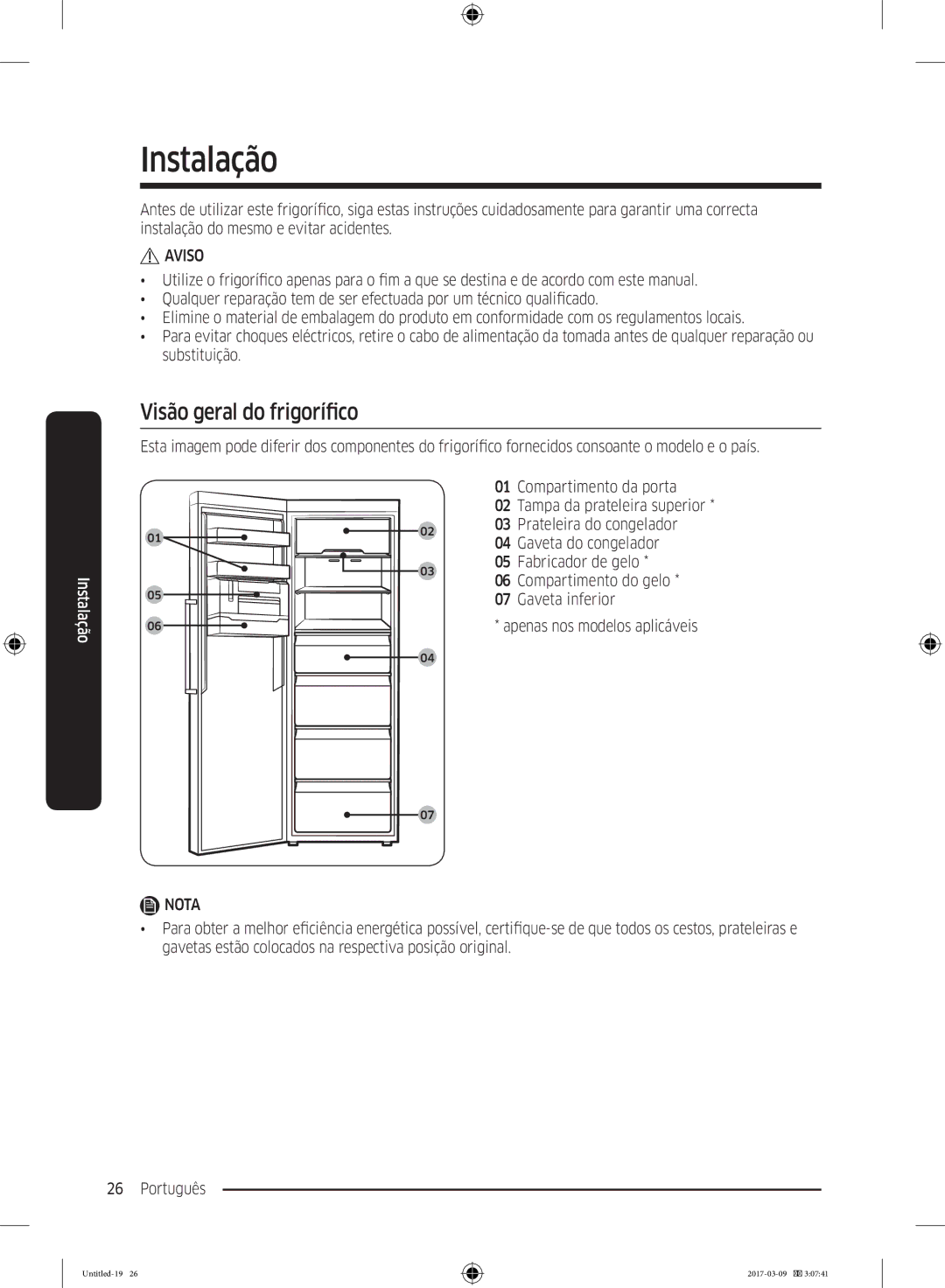 Samsung RZ32M7135S9/ES, RZ32M71207F/ML manual Instalação, Visão geral do frigorífico 