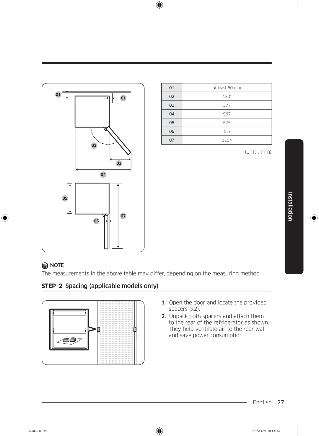 Samsung RZ32M71207F/ML, RZ32M7135S9/ES manual Spacing applicable models only 