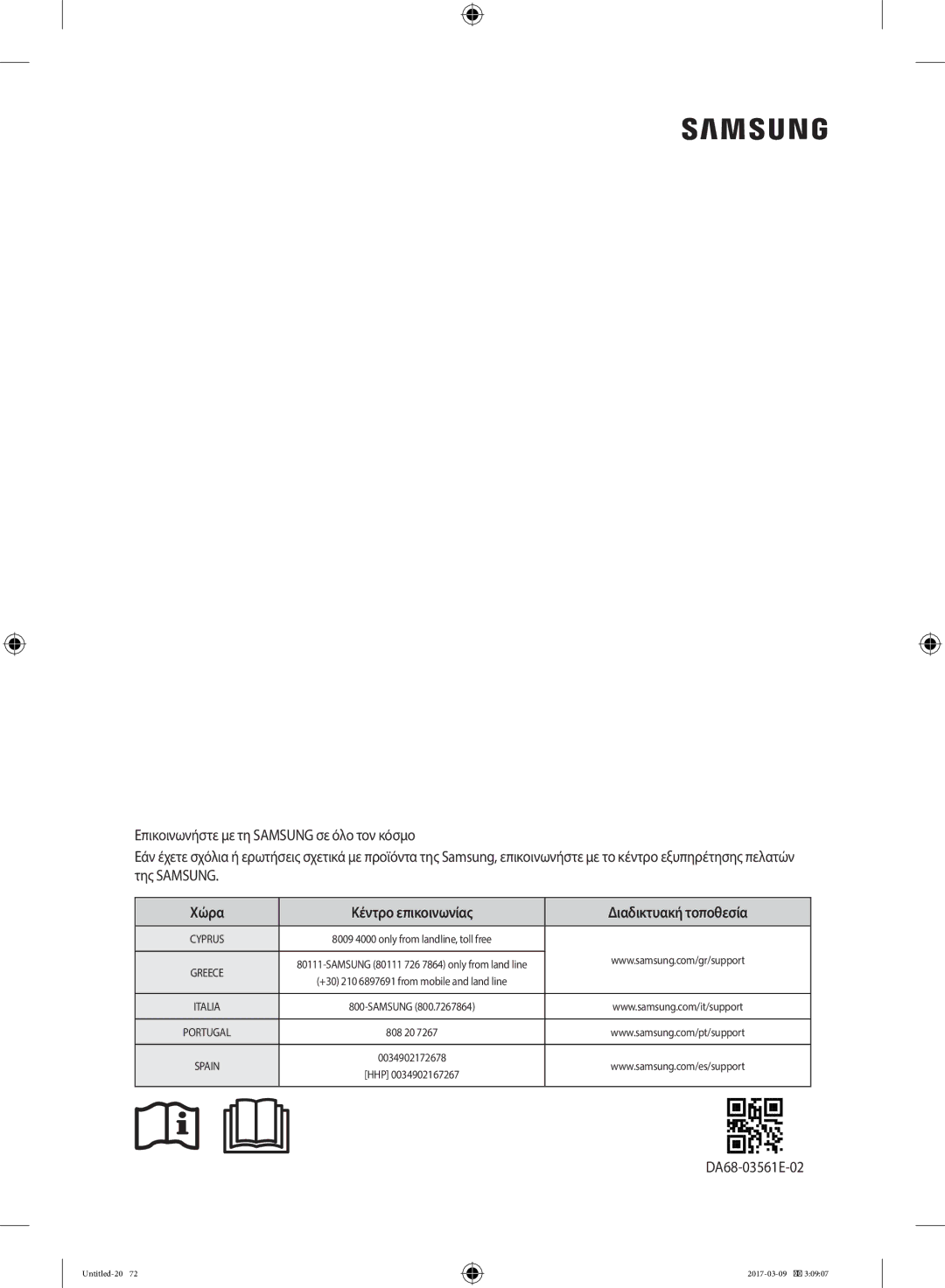 Samsung RZ32M7135S9/ES, RZ32M71207F/ML manual Χώρα Κέντρο επικοινωνίας Διαδικτυακή τοποθεσία 