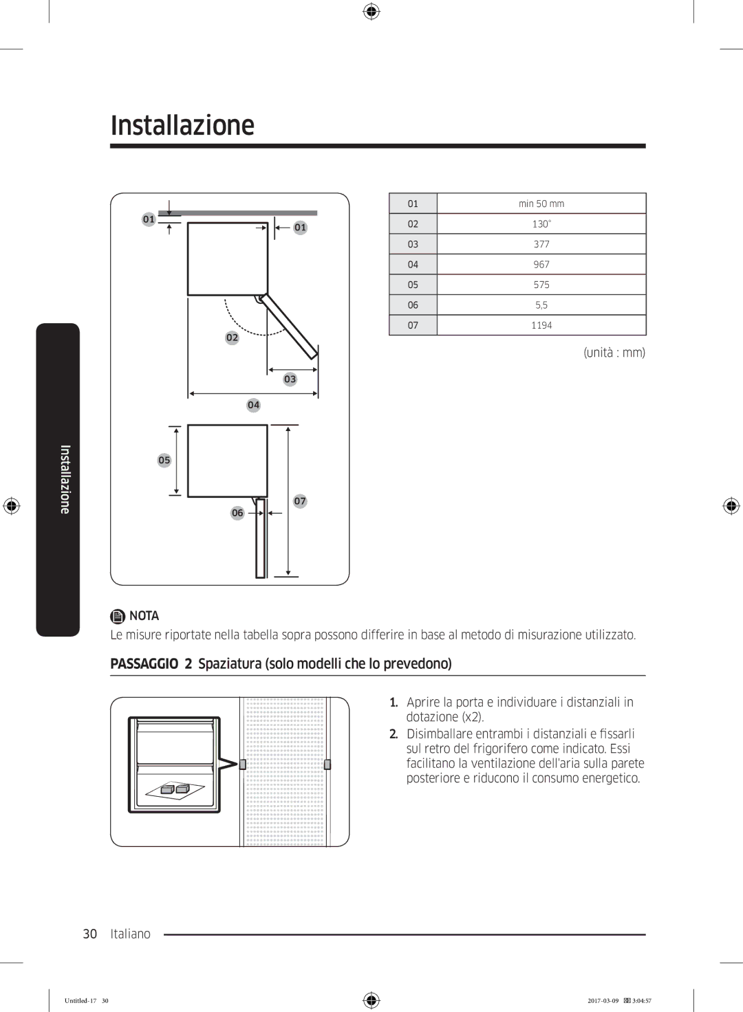 Samsung RZ32M7135S9/ES, RZ32M71207F/ML manual Passaggio 2 Spaziatura solo modelli che lo prevedono 