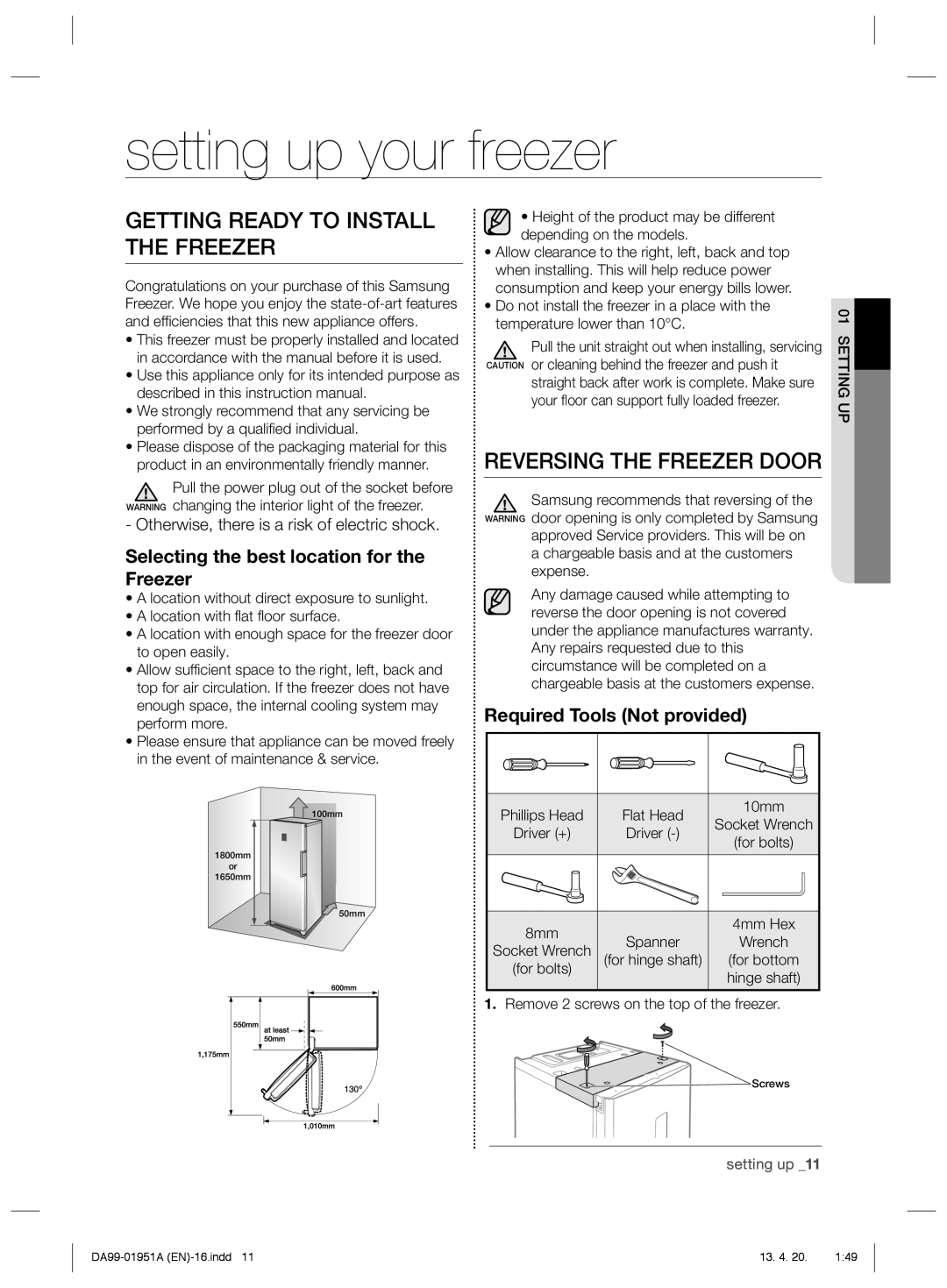 Samsung RZ60EESW1/SML manual Setting up your freezer, Getting Ready to Install the Freezer, Reversing the Freezer Door 