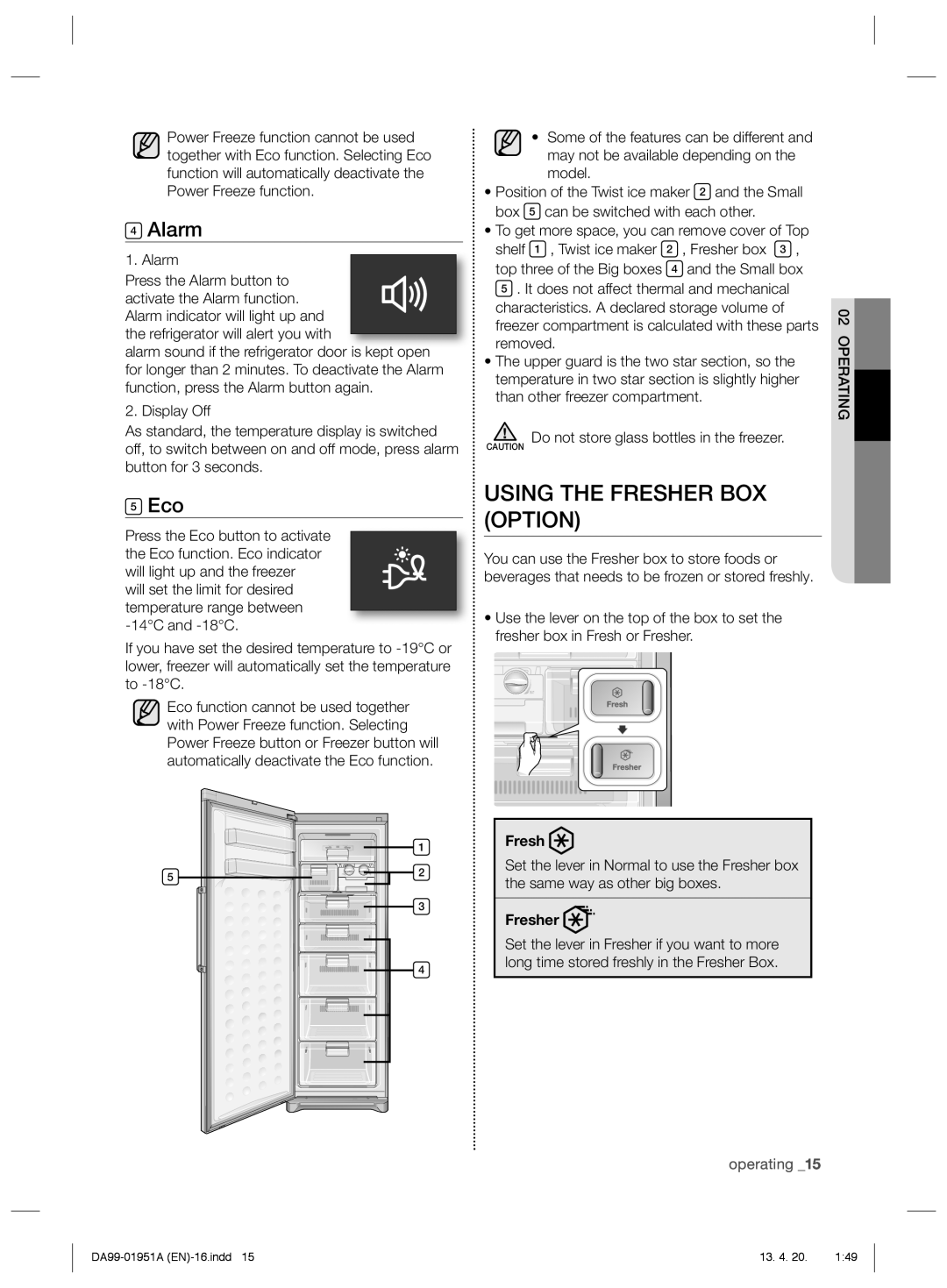 Samsung RZ60EESW1/SML manual Using the Fresher BOX Option, Alarm, Eco 