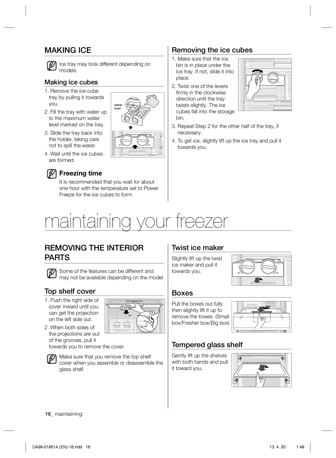 Samsung RZ60EESW1/SML manual Maintaining your freezer, Making ICE, Removing the Interior Parts 