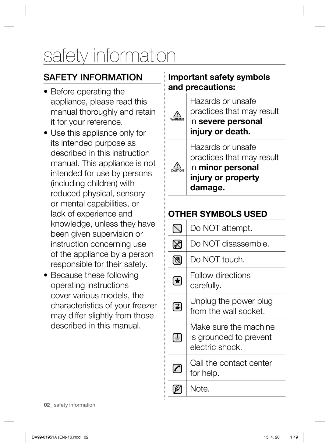 Samsung RZ60EESW1/SML manual Safety information, Safety Information 