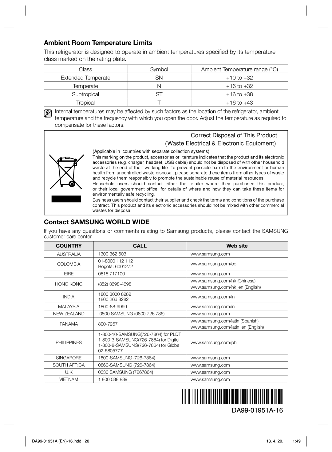 Samsung RZ60EESW1/SML manual Ambient Room Temperature Limits, Contact Samsung World Wide 