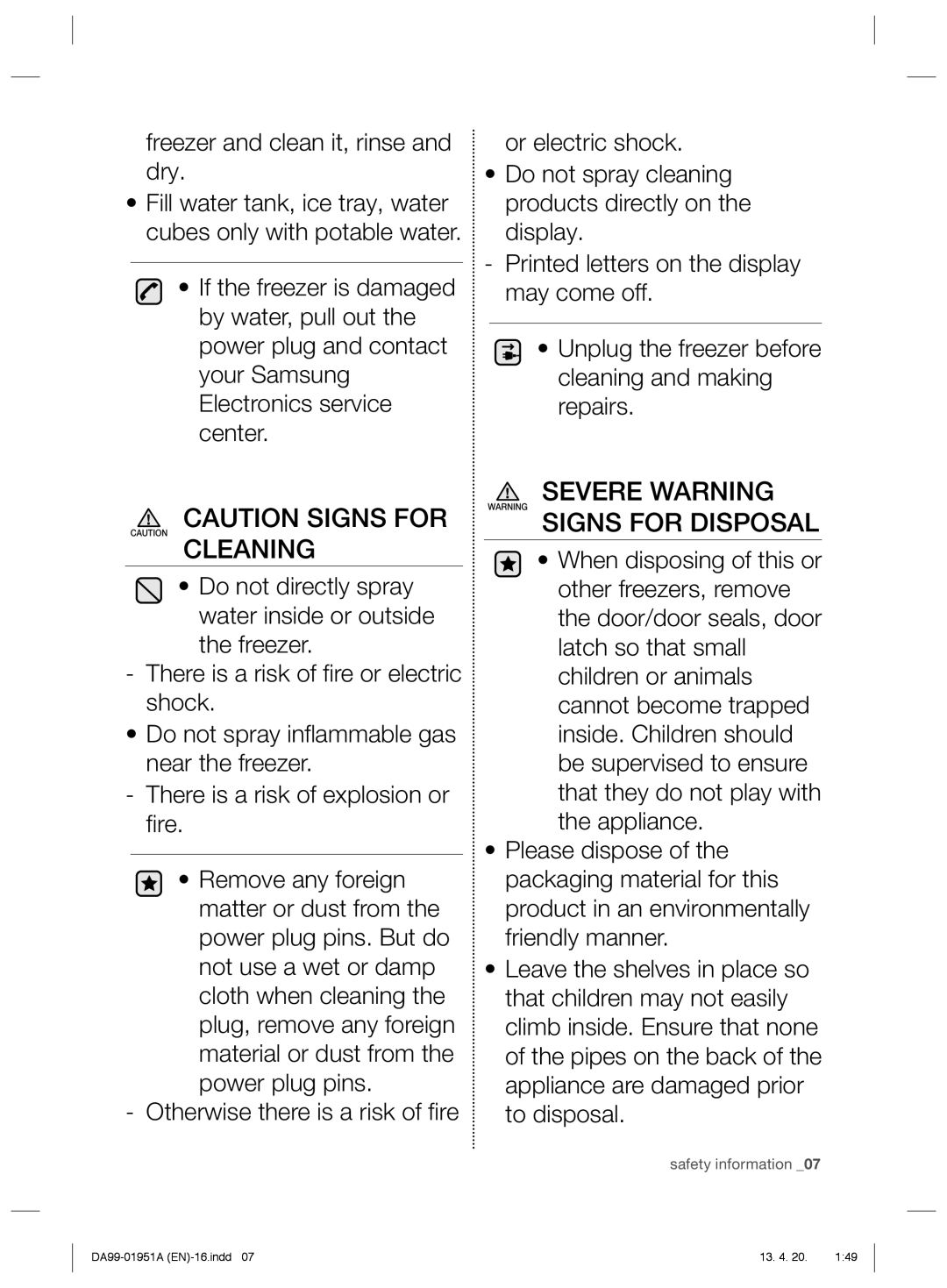 Samsung RZ60EESW1/SML manual Cleaning, Severe Warning Signs for Disposal 