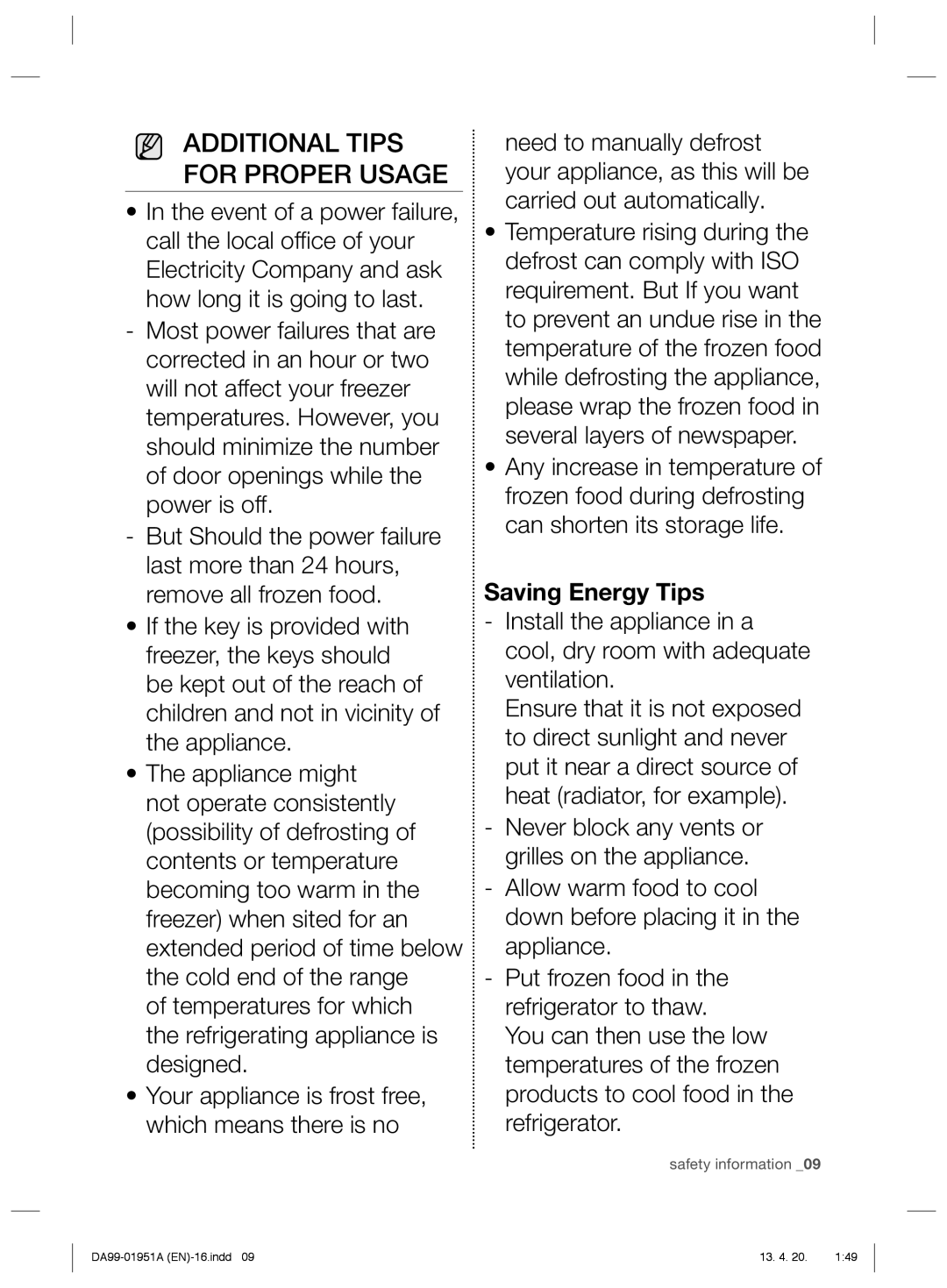 Samsung RZ60EESW1/SML manual Additional Tips for Proper Usage, Saving Energy Tips 