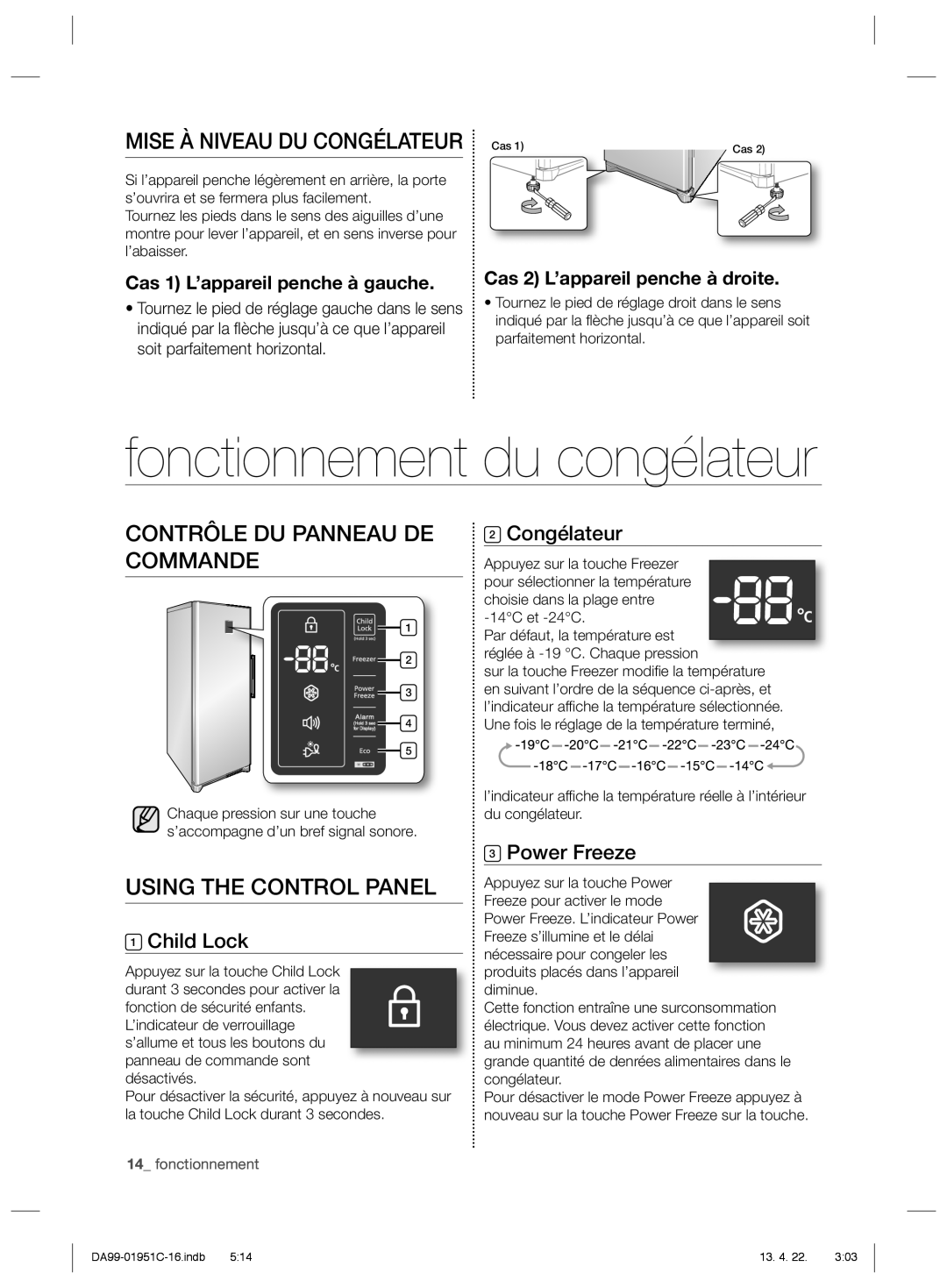 Samsung RZ80VEPN1/XEG manual Fonctionnement du congélateur, Contrôle DU Panneau DE Commande, Using the Control Panel 