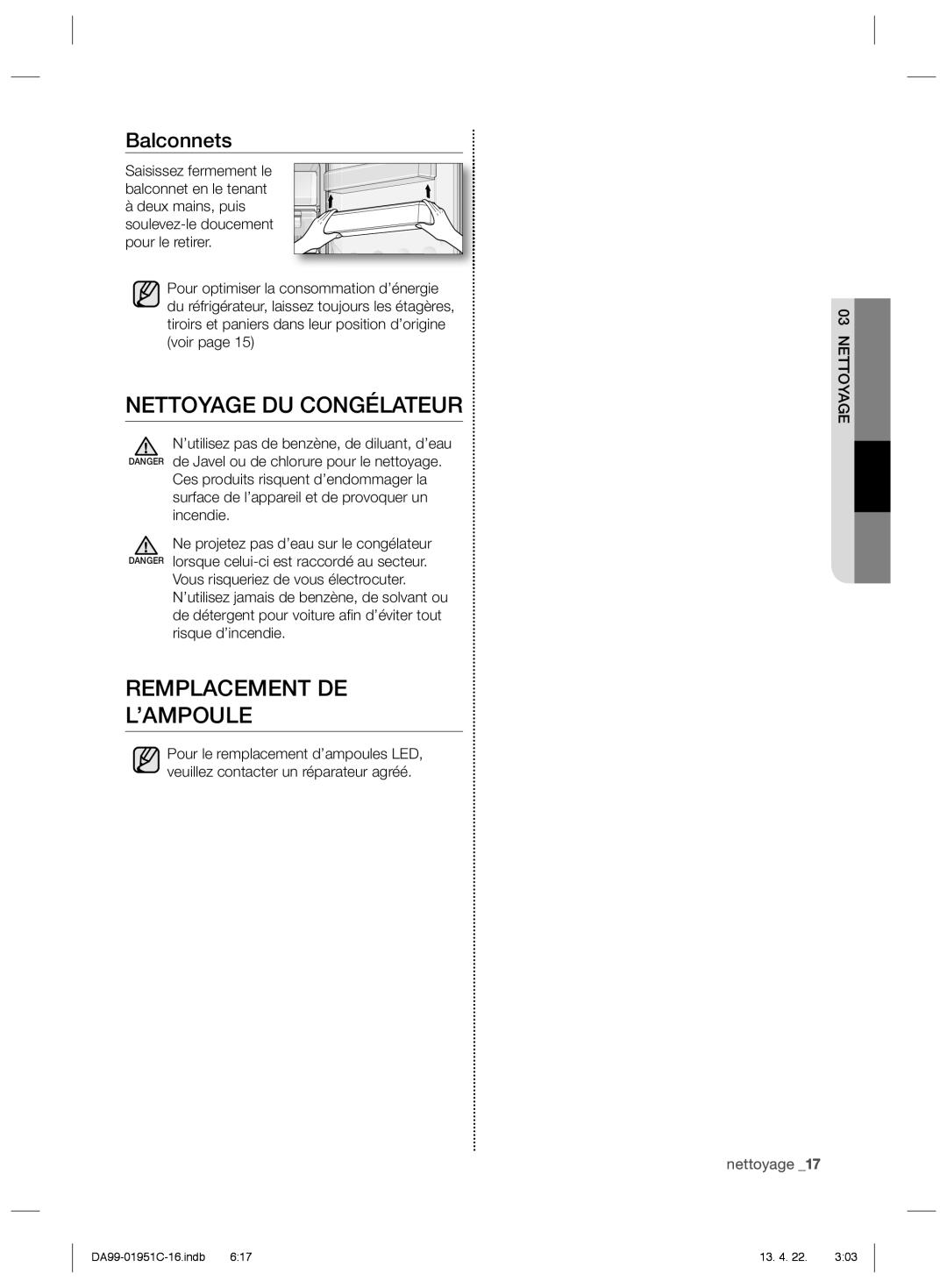 Samsung RZ80FHPN1/XEF, RZ60FJSW1/XES, RZ80FHMG1/XEF manual Nettoyage DU Congélateur, Remplacement DE ’AMPOULE, Balconnets 