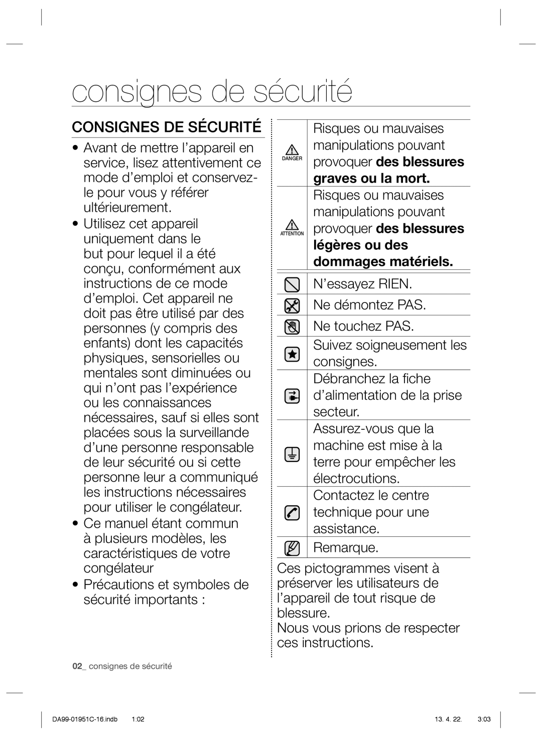 Samsung RZ80VEPN1/XEG, RZ60FJSW1/XES, RZ80FHMG1/XEF, RZ80EEPN1/XEF manual Consignes de sécurité, Consignes DE Sécurité 