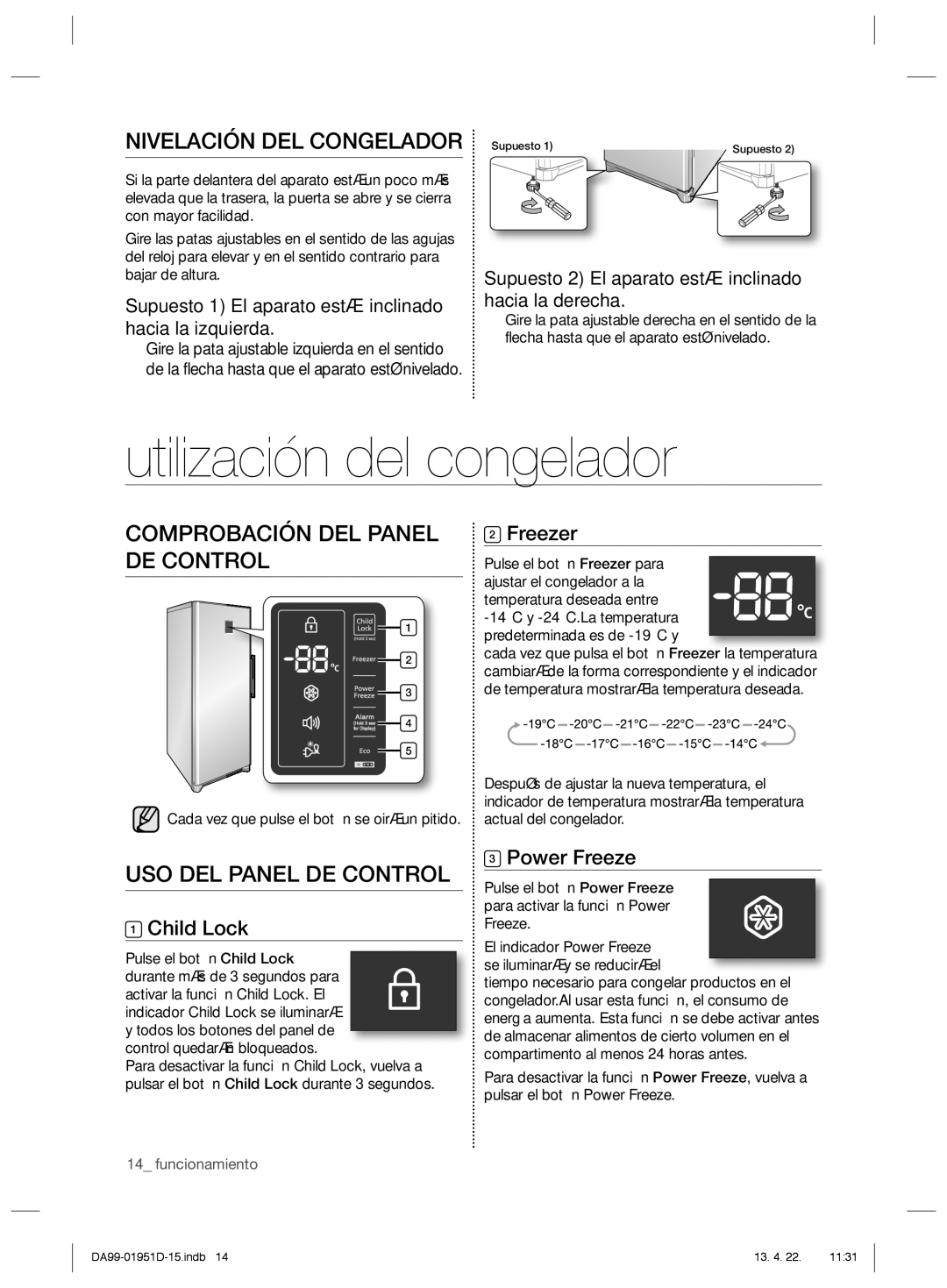 Samsung RZ80EFSW1/XES manual Utilización del congelador, Nivelación DEL Congelador, Comprobación DEL Panel DE Control 