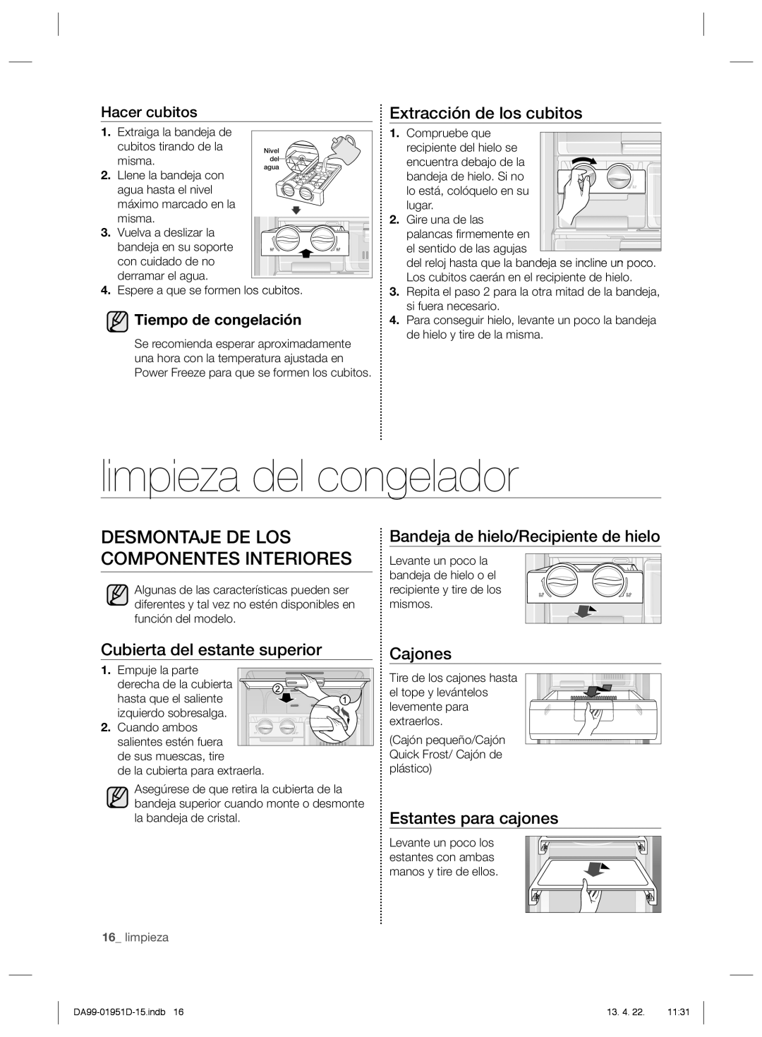 Samsung RZ60ECSW1/XES, RZ60FJSW1/XES, RZ80FHRS1/XES manual Limpieza del congelador, Desmontaje DE LOS Componentes Interiores 