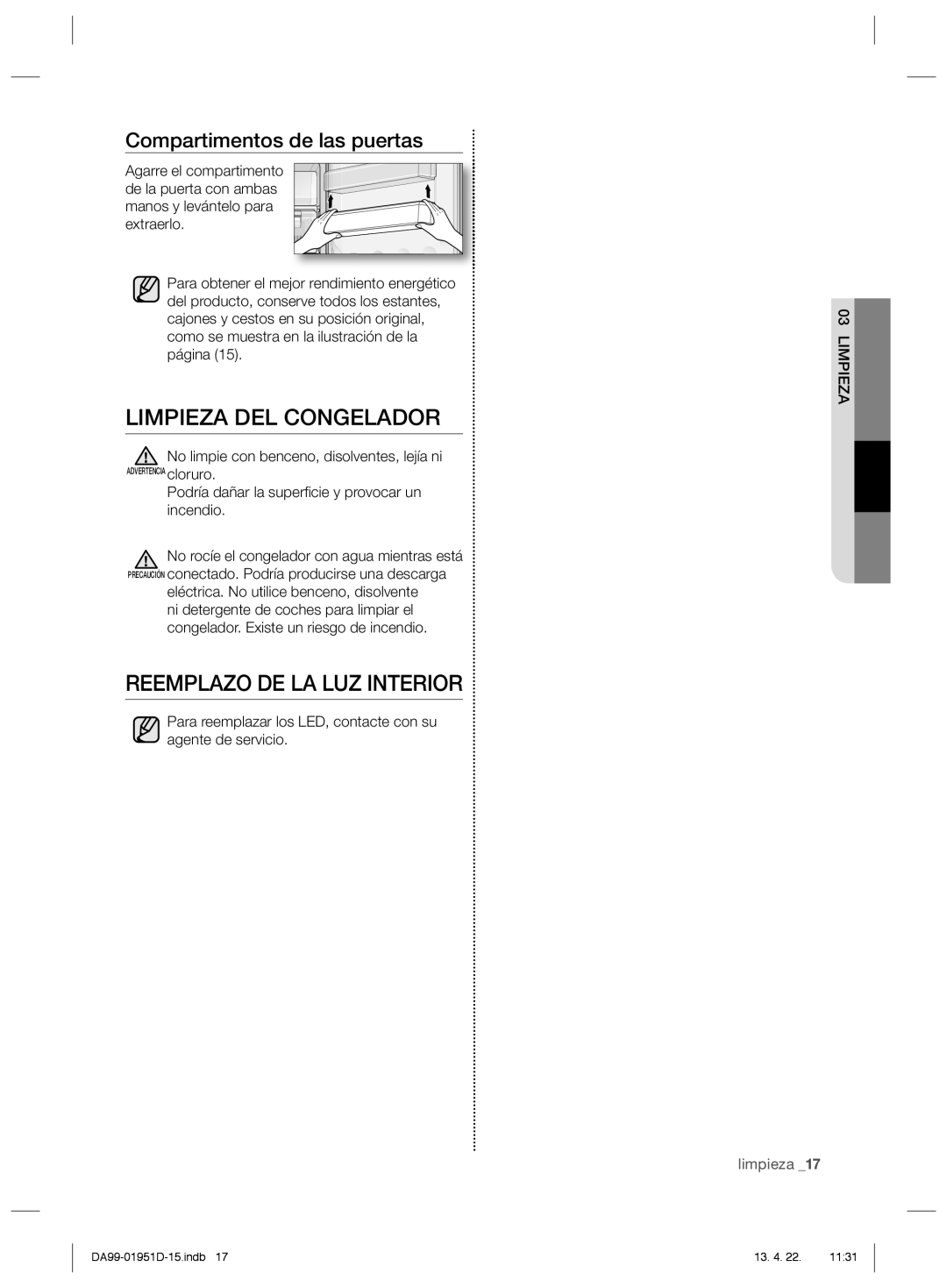 Samsung RZ80FHPN1/XES, RZ60FJSW1/XES Limpieza DEL Congelador, Reemplazo DE LA LUZ Interior, Compartimentos de las puertas 