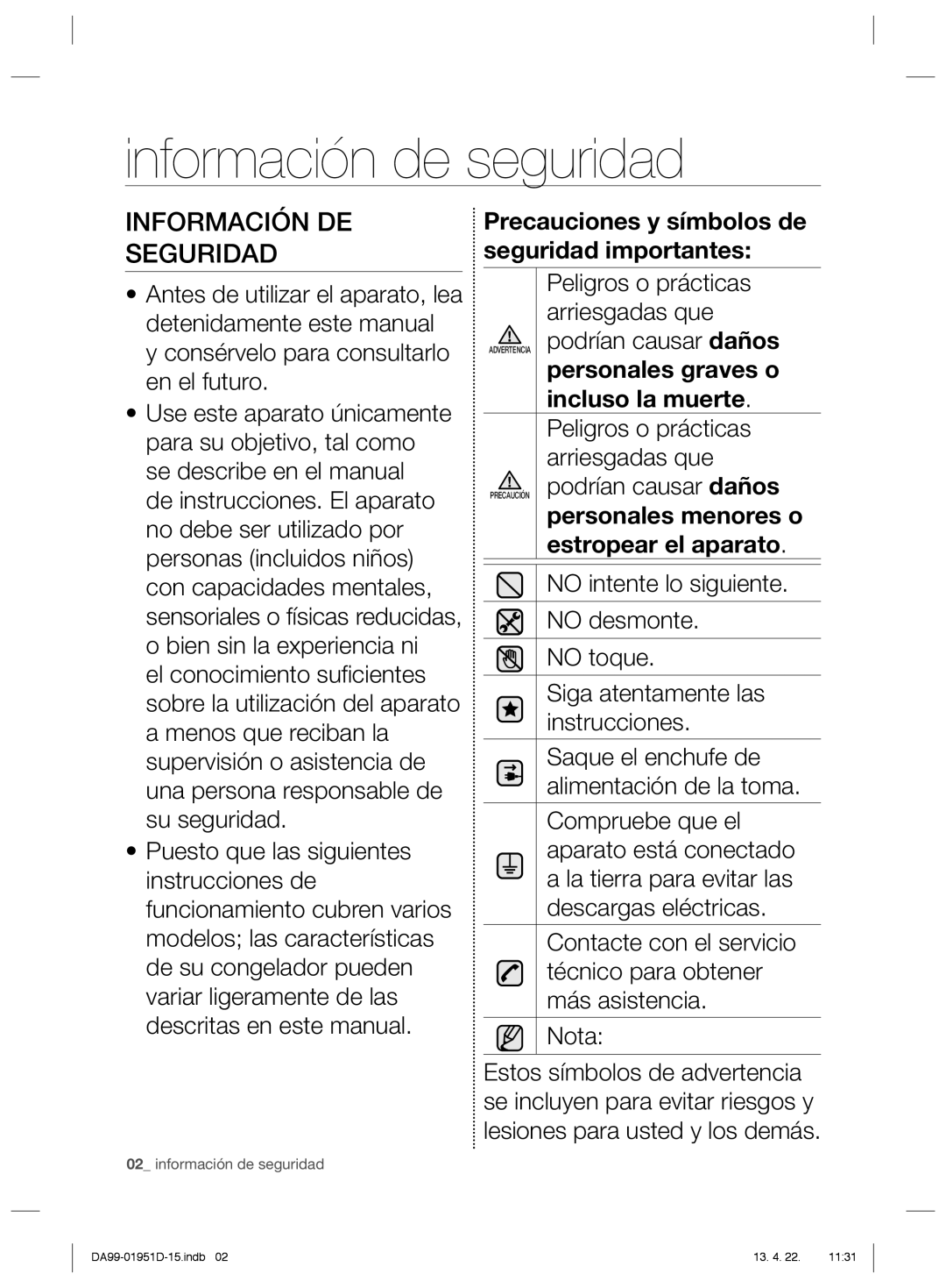 Samsung RZ80FJSW1/XES, RZ60FJSW1/XES, RZ80FHRS1/XES, RZ80EEIS1/XES manual Información de seguridad, Información DE Seguridad 