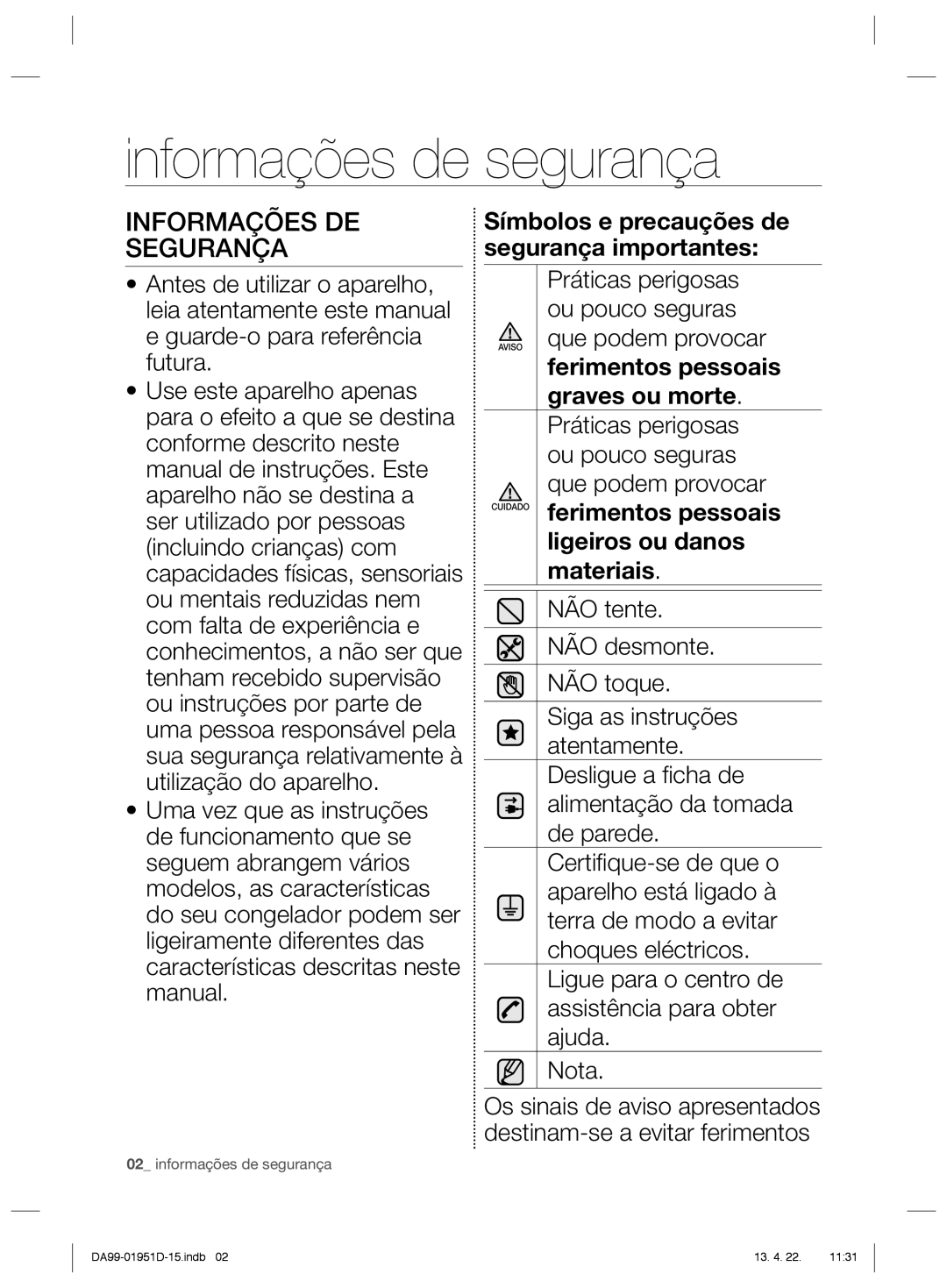 Samsung RZ80EERS1/XES Informações de segurança, Informações DE Segurança, Símbolos e precauções de segurança importantes 