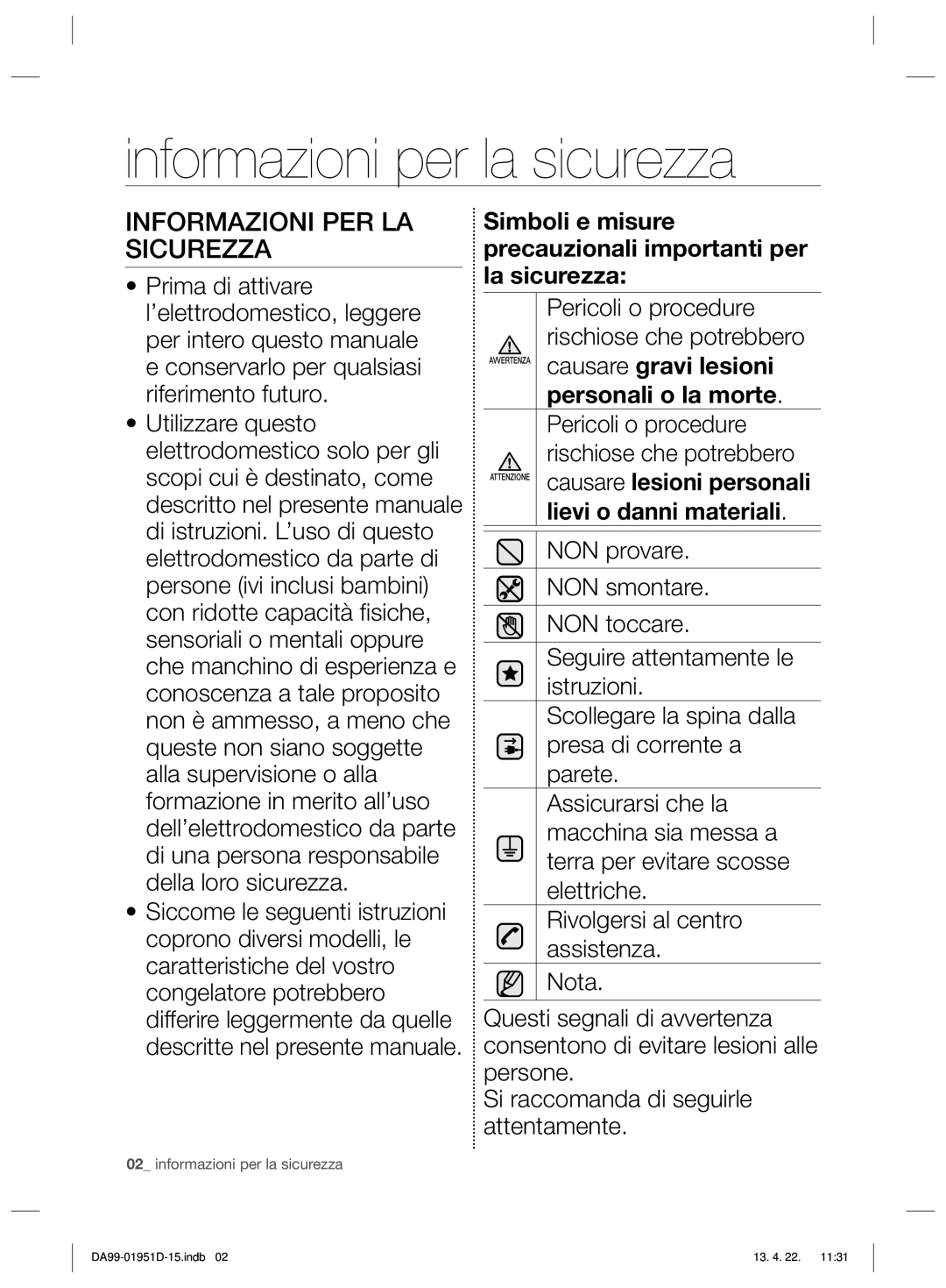 Samsung RZ80FHIS1/XES, RZ60FJSW1/XES, RZ80FHRS1/XES manual Informazioni per la sicurezza, Informazioni PER LA Sicurezza 