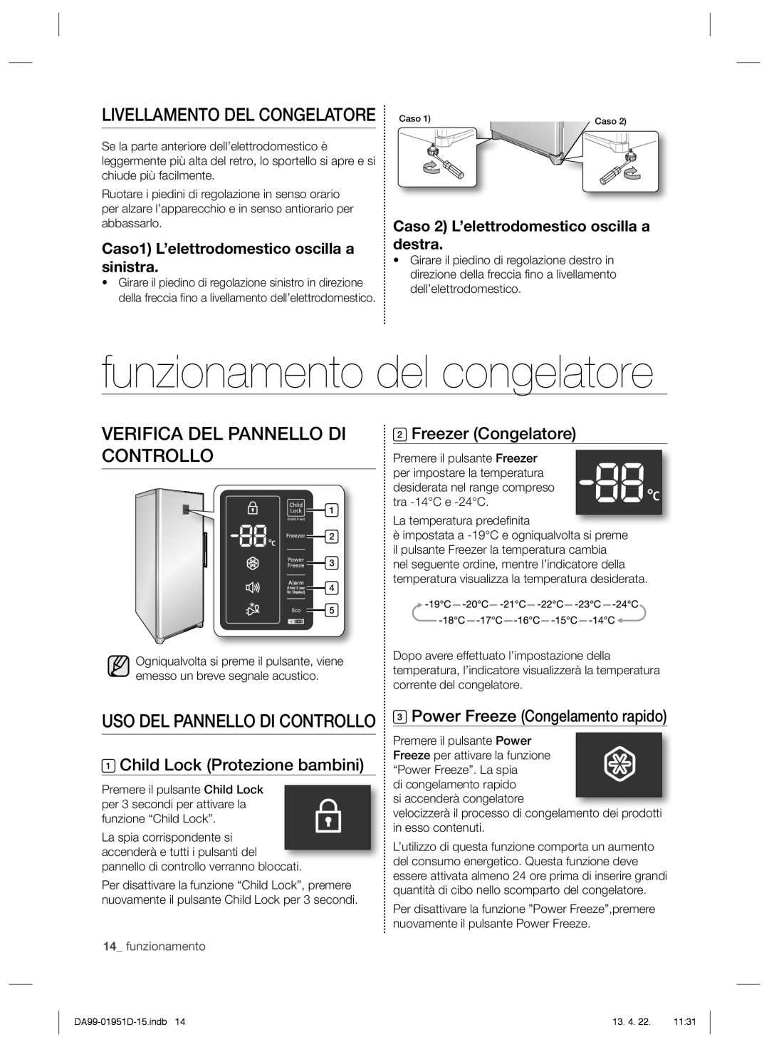 Samsung RZ60FJSW1/XES Funzionamento del congelatore, Verifica DEL Pannello DI Controllo, Child Lock Protezione bambini 