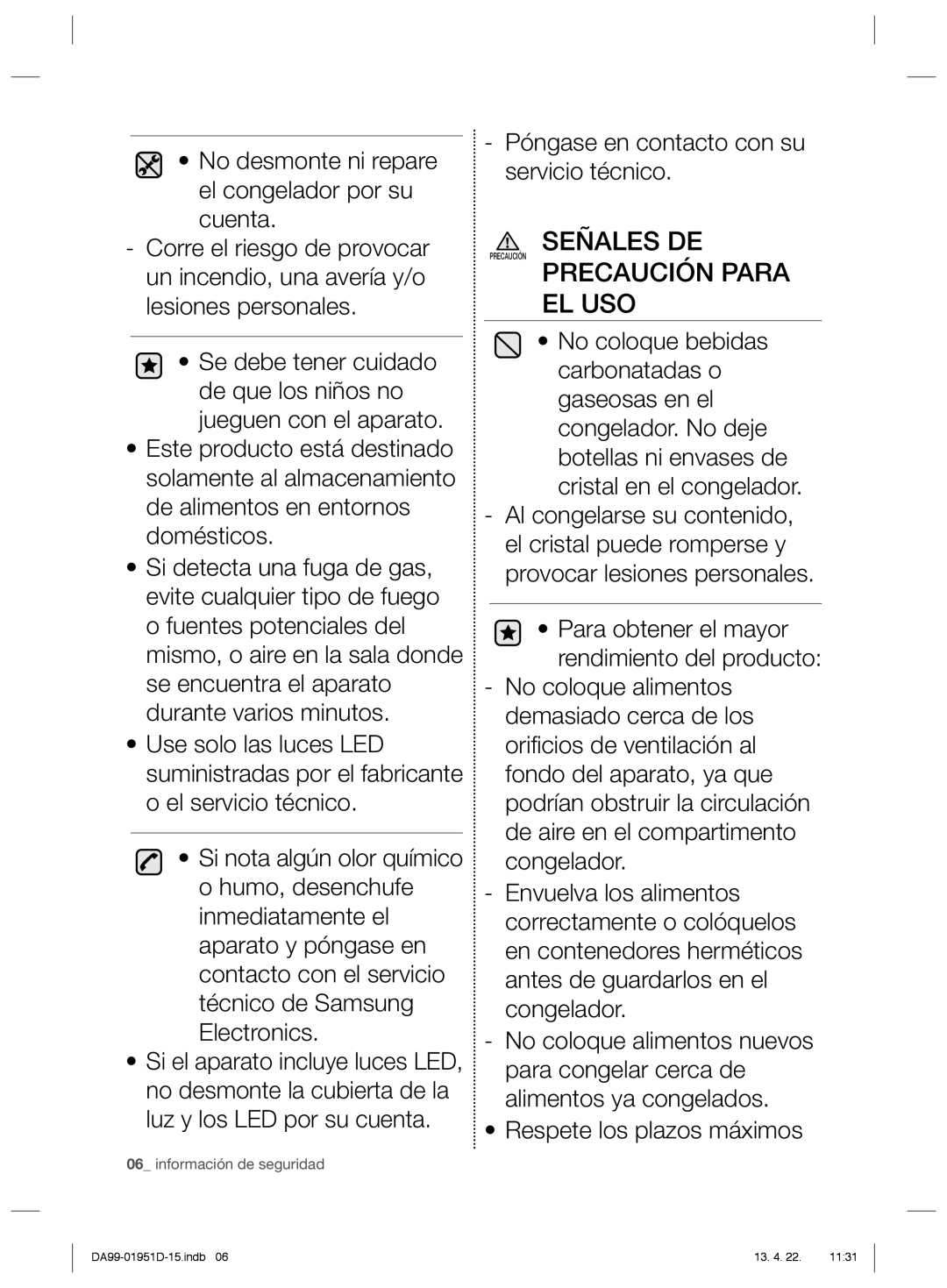 Samsung RZ80FHIS1/XES, RZ60FJSW1/XES, RZ80FHRS1/XES, RZ80FJSW1/XES, RZ80EEIS1/XES, RZ80EERS1/XES manual Precaución Para EL USO 