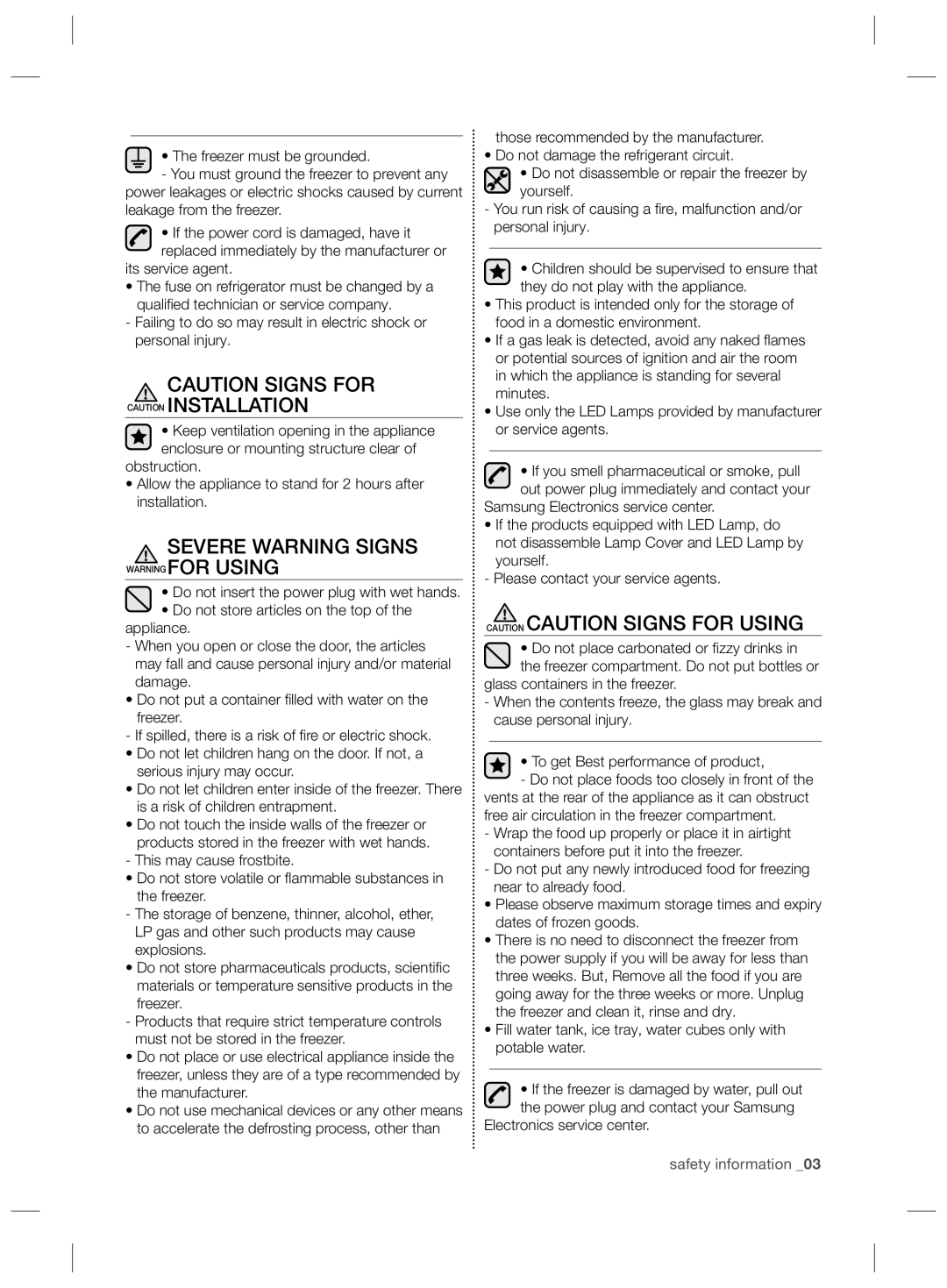 Samsung RZ70EESW1/SML manual Severe Warning Signs Warning for Using, Electronics service center 