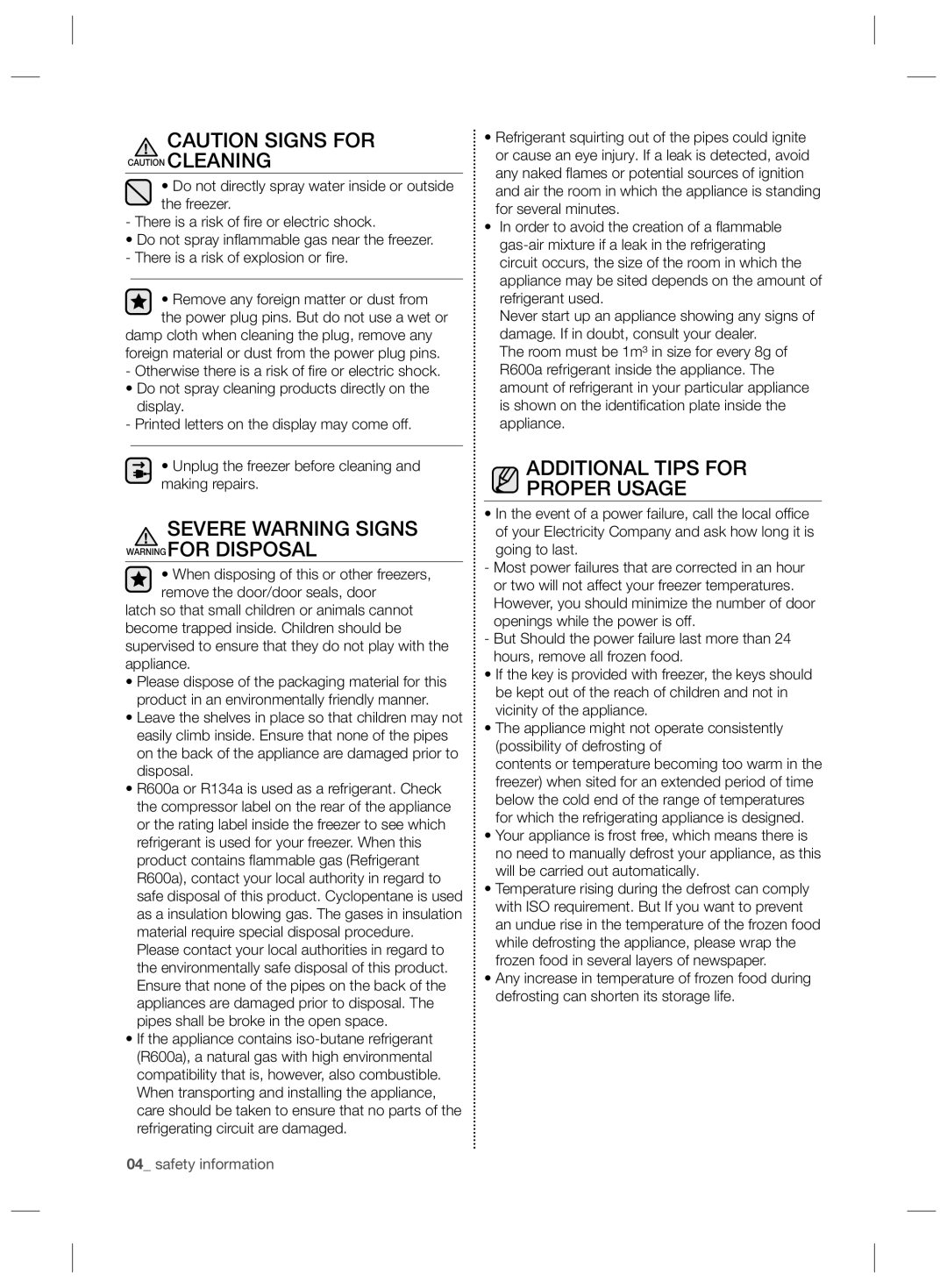 Samsung RZ70EESW1/SML manual Severe Warning Signs Warning for Disposal, Additional Tips for Proper Usage 