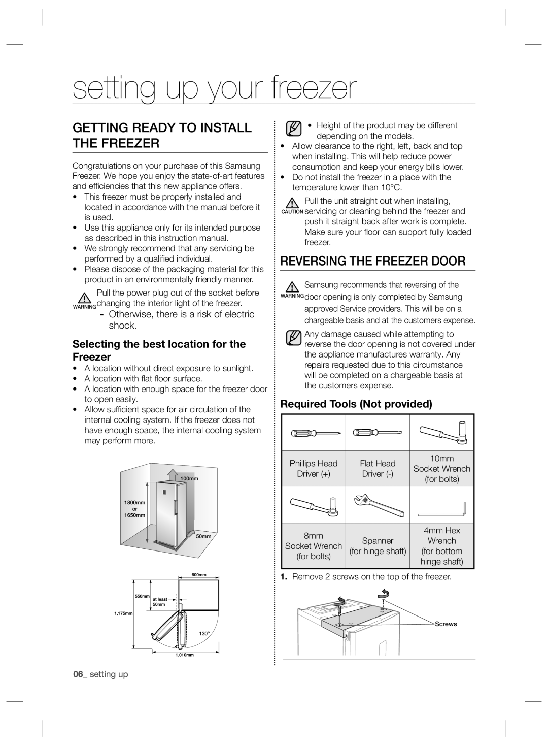 Samsung RZ70EESW1/SML manual Setting up your freezer, Getting Ready to Install the Freezer, Reversing the Freezer Door 