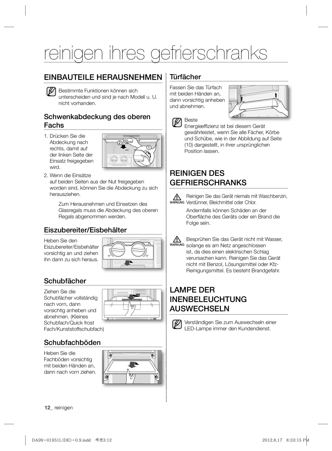 Samsung RZ80AHPN1/XEG Reinigen ihres gefrierschranks, Reinigen DES Gefrierschranks, Lampe DER Inenbeleuchtung Auswechseln 