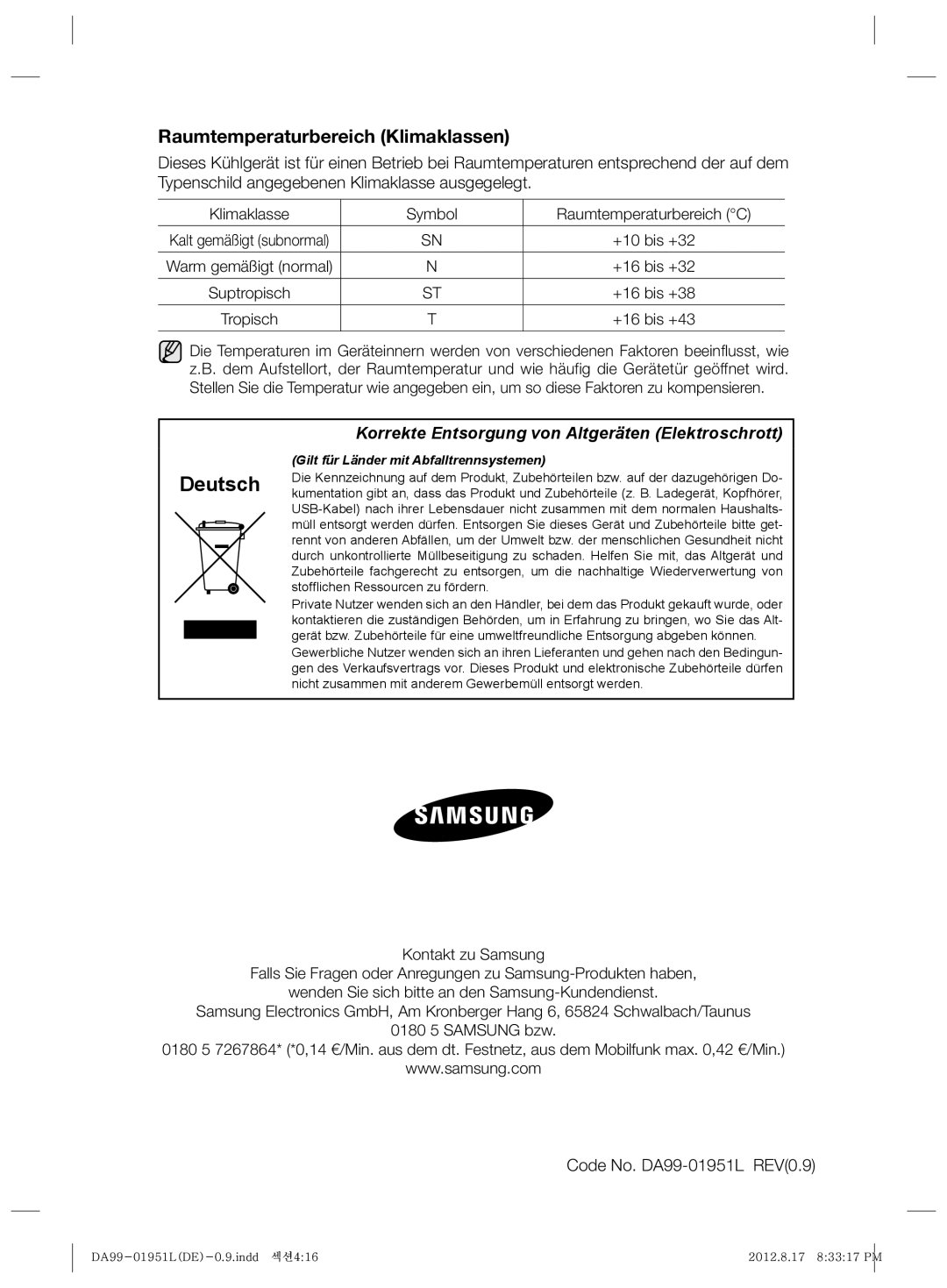 Samsung RZ80VEPN1/XEG, RZ80AHPN1/XEG, RZ80EEPN1/XEF manual Raumtemperaturbereich Klimaklassen, Suptropisch, Tropisch 