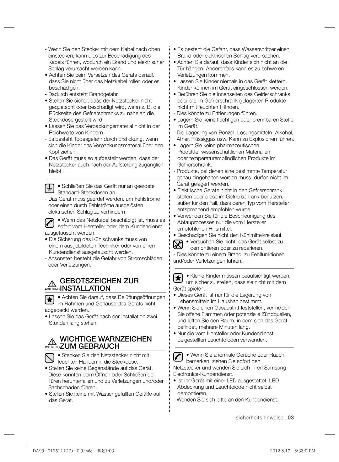 Samsung RZ80AHPN1/XEG manual Gebotszeichen ZUR Achtunginstallation, Wichtige Warnzeichen Warnungzum Gebrauch, Gerät spielen 