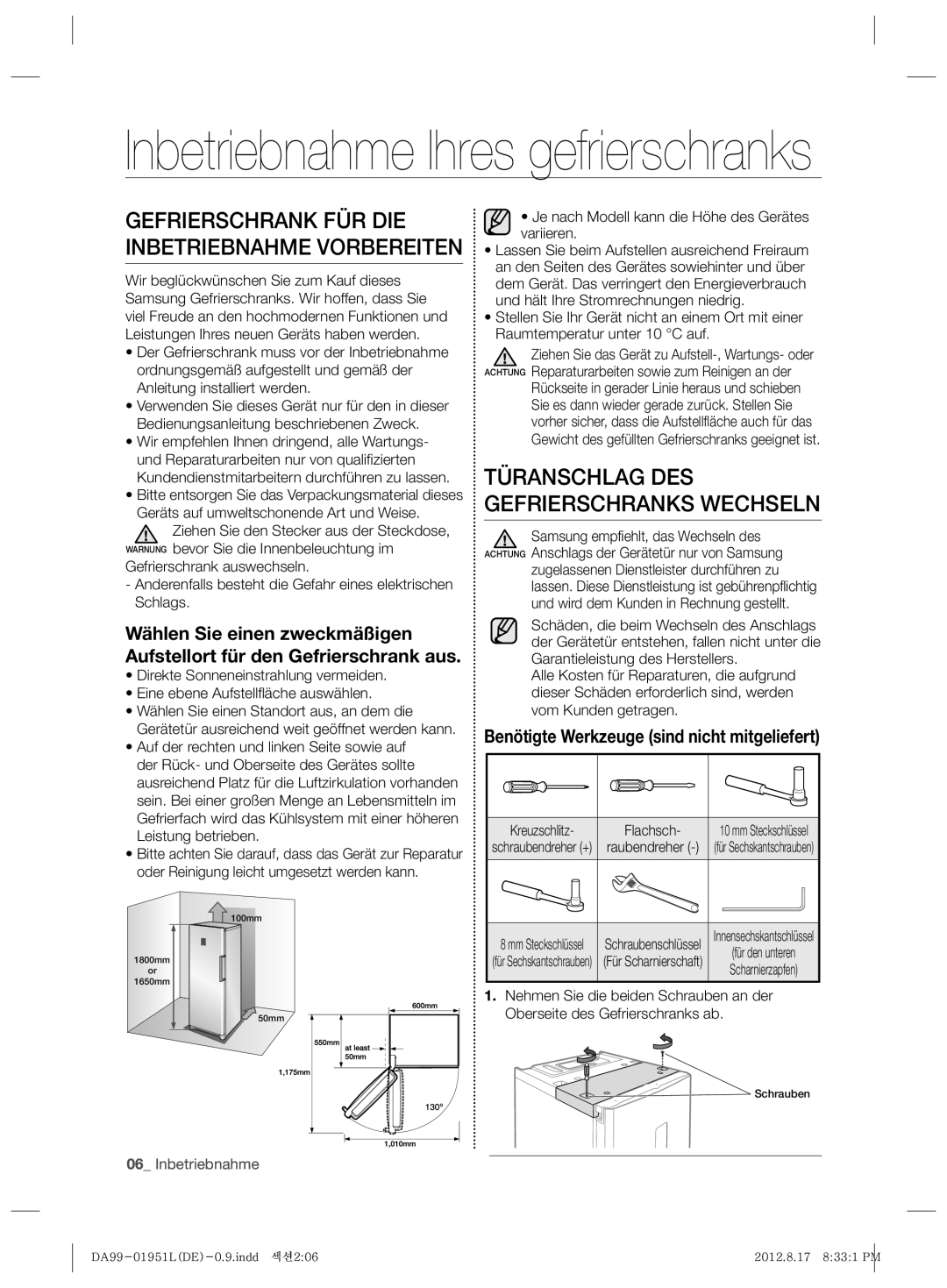 Samsung RZ80AHPN1/XEG Benötigte Werkzeuge sind nicht mitgeliefert, Je nach Modell kann die Höhe des Gerätes variieren 