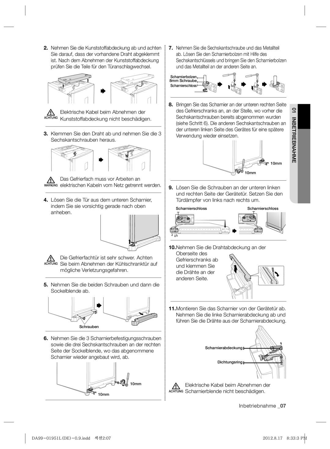 Samsung RZ80VEPN1/XEG, RZ80AHPN1/XEG, RZ80EEPN1/XEF manual Verwendung wieder einsetzen, Elektrische Kabel beim Abnehmen der 