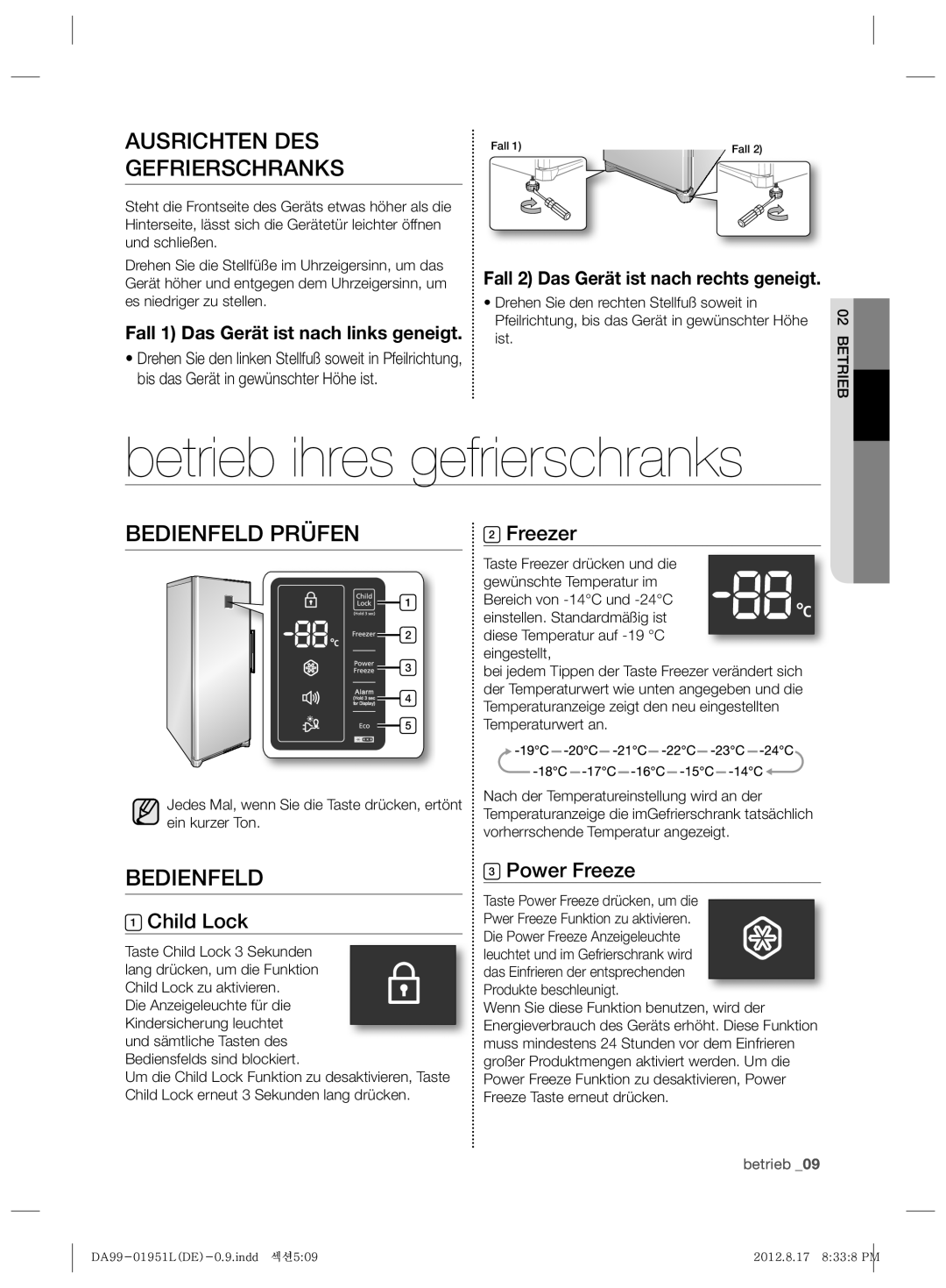 Samsung RZ80AHPN1/XEG, RZ80VEPN1/XEG manual Betrieb ihres gefrierschranks, Ausrichten DES Gefrierschranks, Bedienfeld Prüfen 