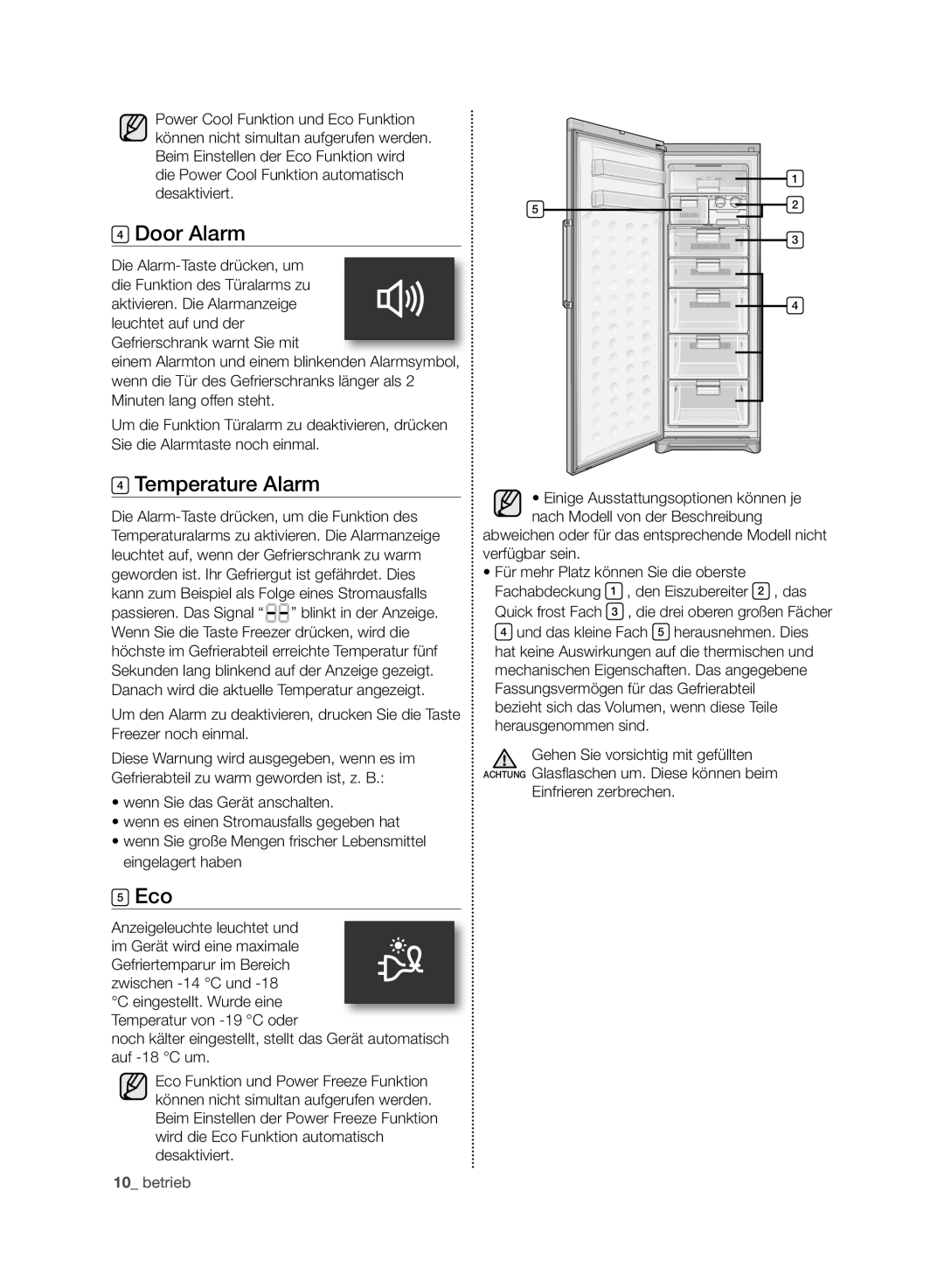 Samsung RZ80AHPN1/XEG manual Door Alarm, Temperature Alarm, Eco, Einfrieren zerbrechen 