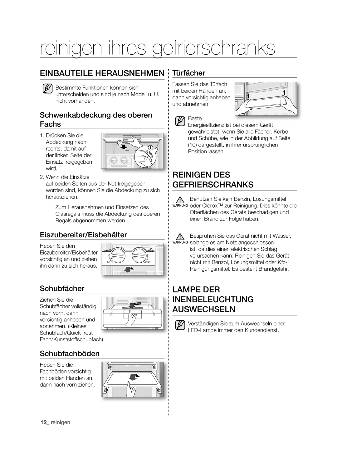 Samsung RZ80AHPN1/XEG manual Reinigen ihres gefrierschranks, Einbauteile HERAUSNEHmEN, Reinigen DES Gefrierschranks 