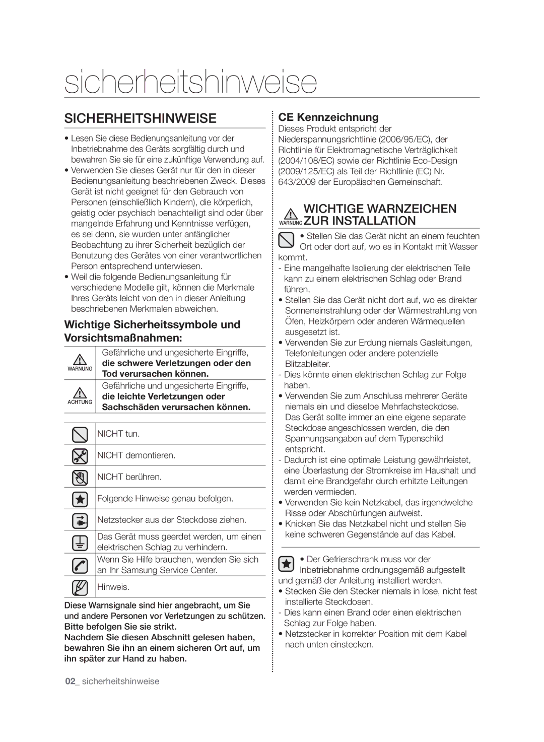 Samsung RZ80AHPN1/XEG manual Sicherheitshinweise, Wichtige WARNzEICHEN Warnung zUR Installation, CE Kennzeichnung 