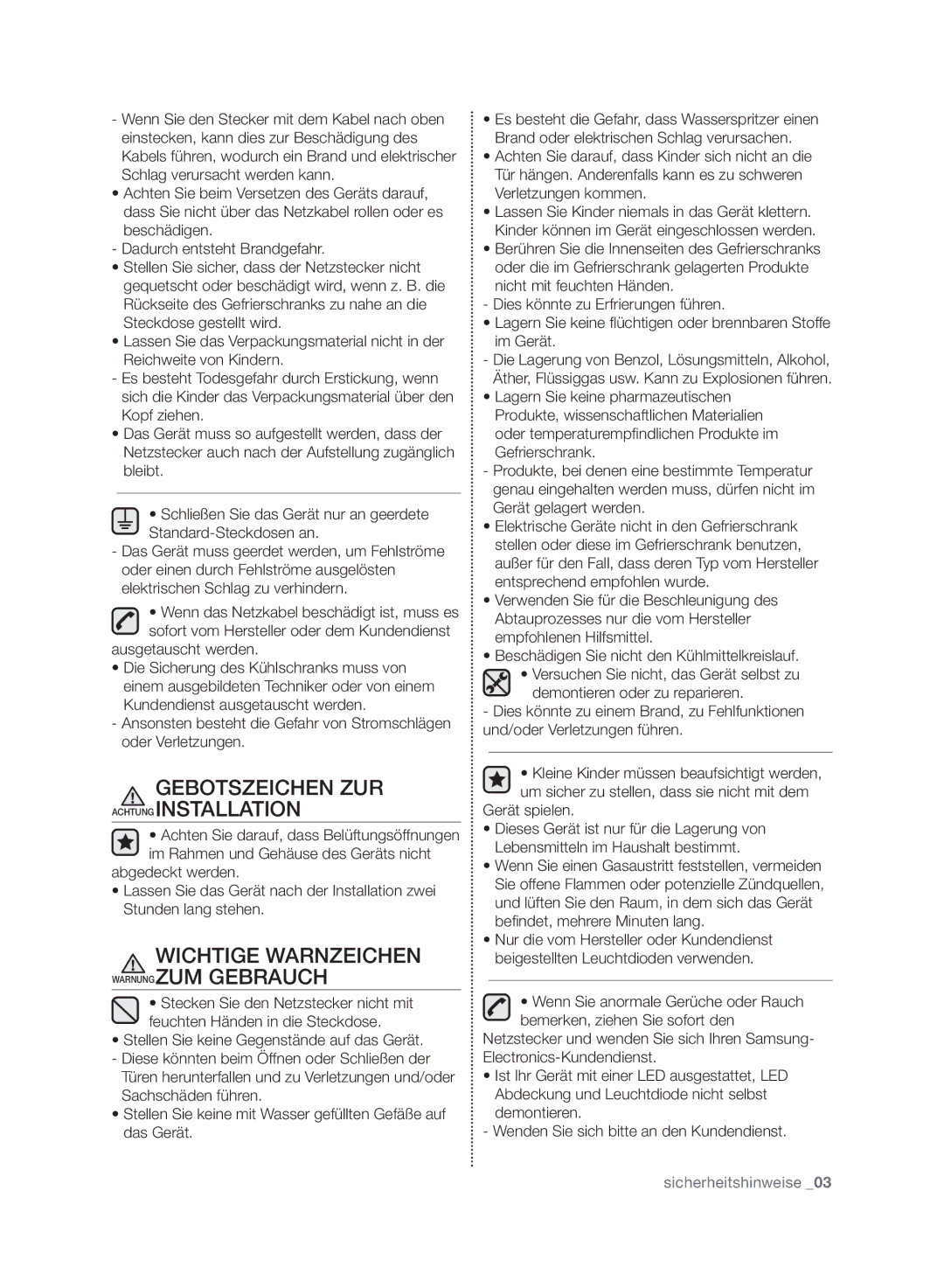 Samsung RZ80AHPN1/XEG manual GEBOTSzEICHEN zUR, Wichtige WARNzEICHEN WARNUNGzUm Gebrauch, Ausgetauscht werden 