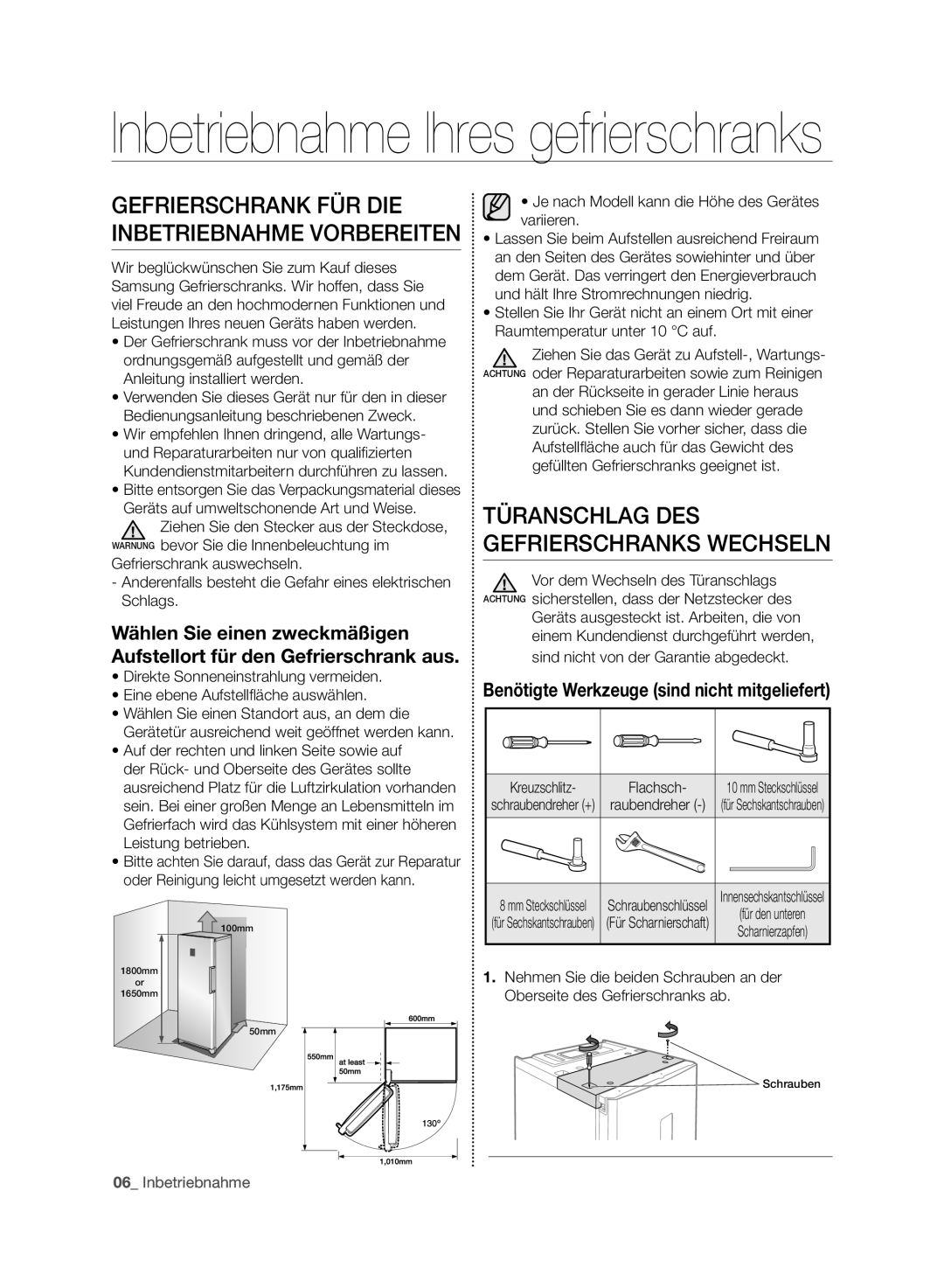 Samsung RZ80AHPN1/XEG manual Gefrierschrank FüR DIE INBETRIEBNAHmE Vorbereiten, TüRANSCHLAG DES Gefrierschranks Wechseln 