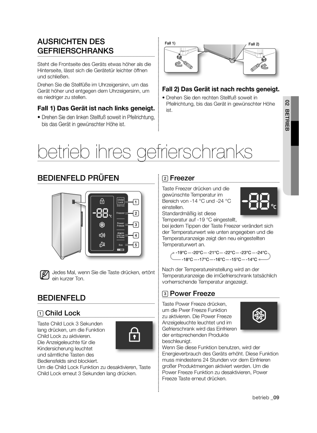 Samsung RZ80AHPN1/XEG manual Betrieb ihres gefrierschranks, Ausrichten DES Gefrierschranks, Bedienfeld PRüFEN 