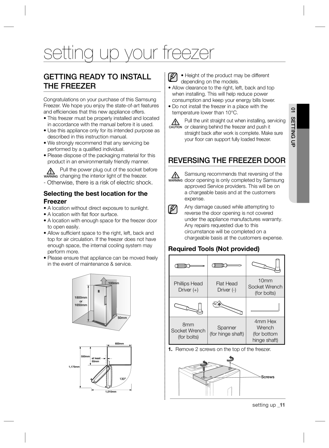 Samsung RZ80FHIS1/XEO manual Setting up your freezer, Getting Ready to Install the Freezer, Reversing the Freezer Door 