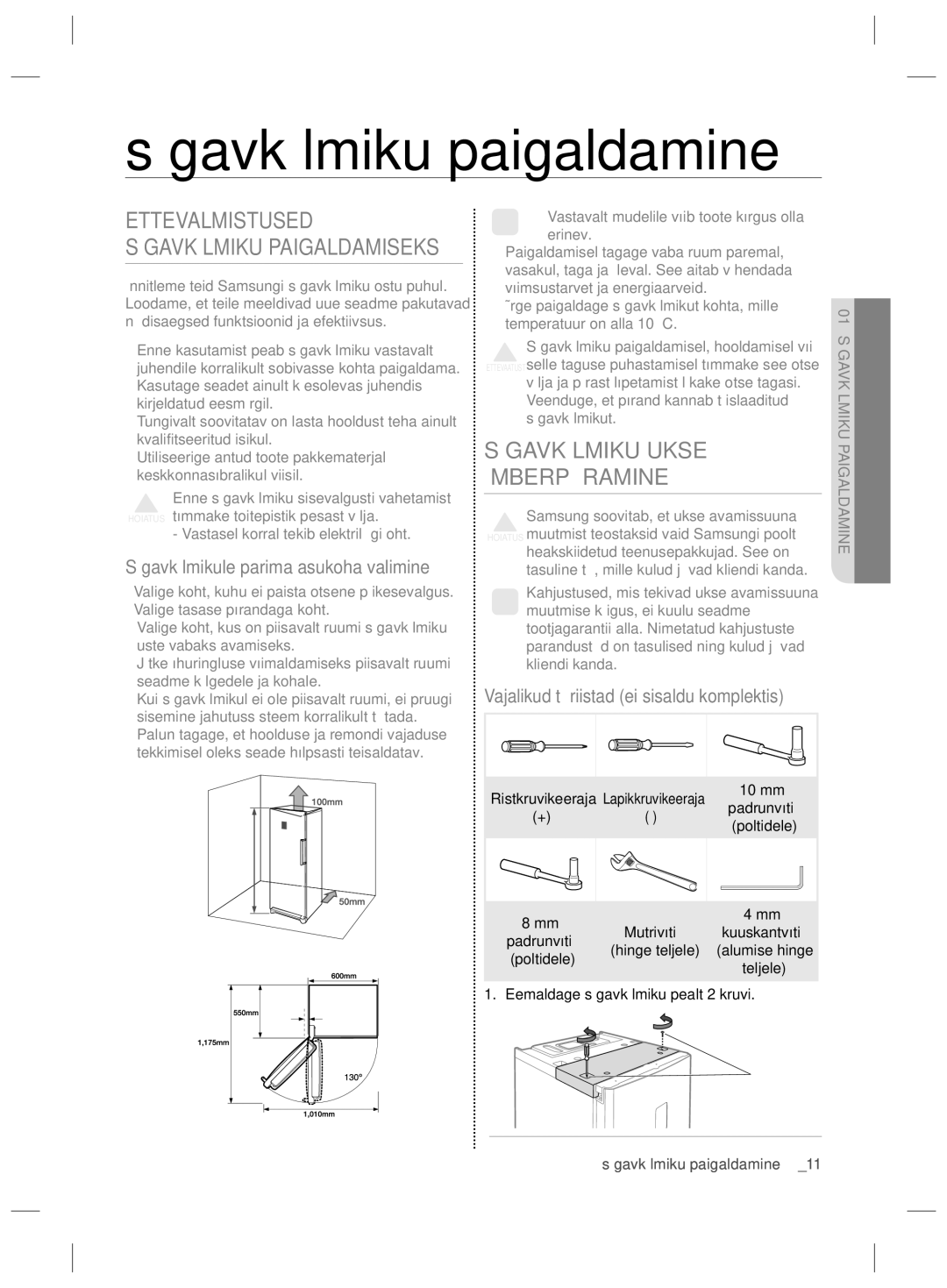 Samsung RZ80FHIS1/XEO, RZ80EEIS1/XEO manual Sügavkülmiku paigaldamine, Sügavkülmiku Ukse, Ümberpööramine 